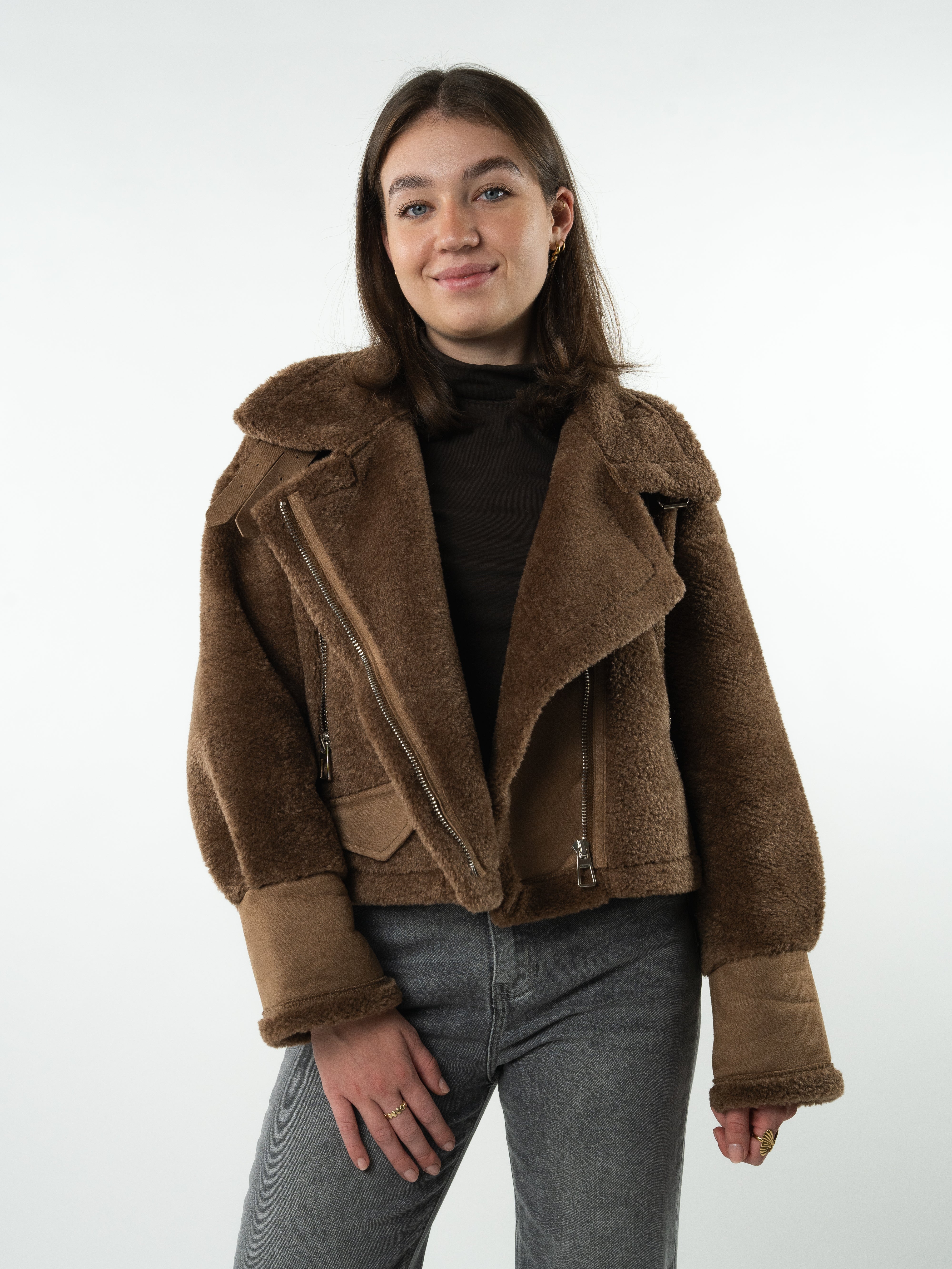 Faux Fur Leather Coat Amena - Braun