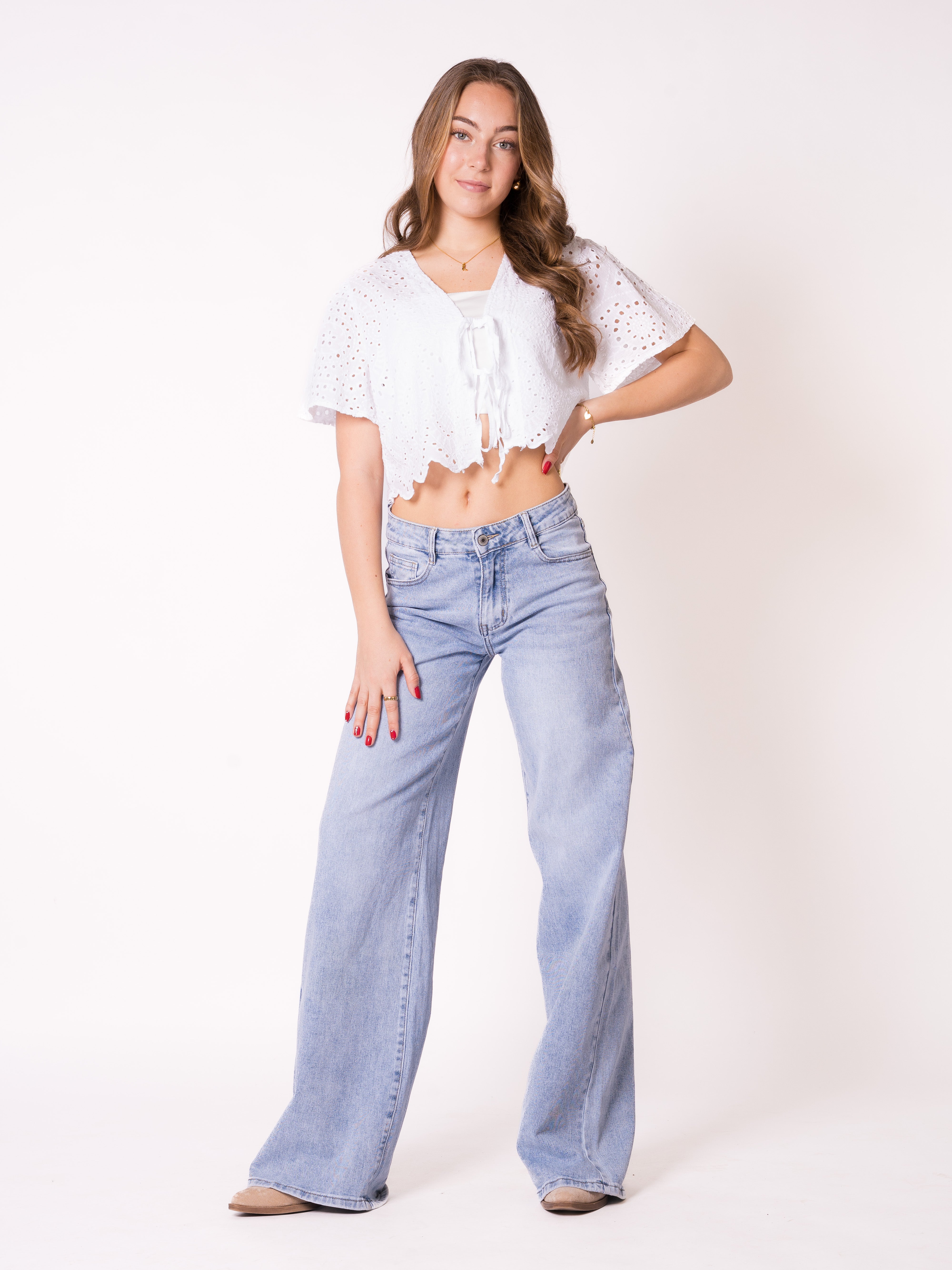 Boho Baumwoll Stick Bluse - Weiß