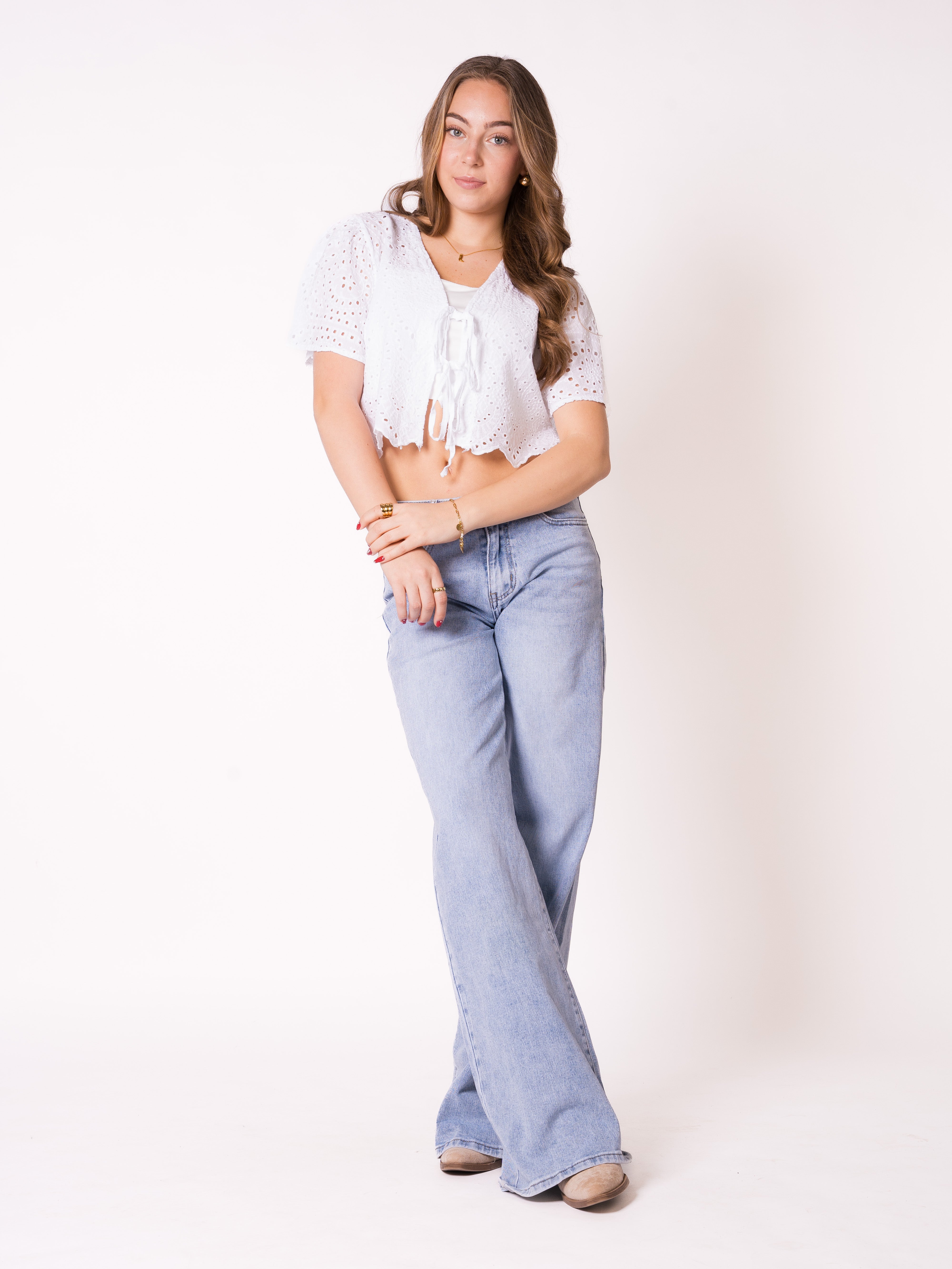 Boho Baumwoll Stick Bluse - Weiß