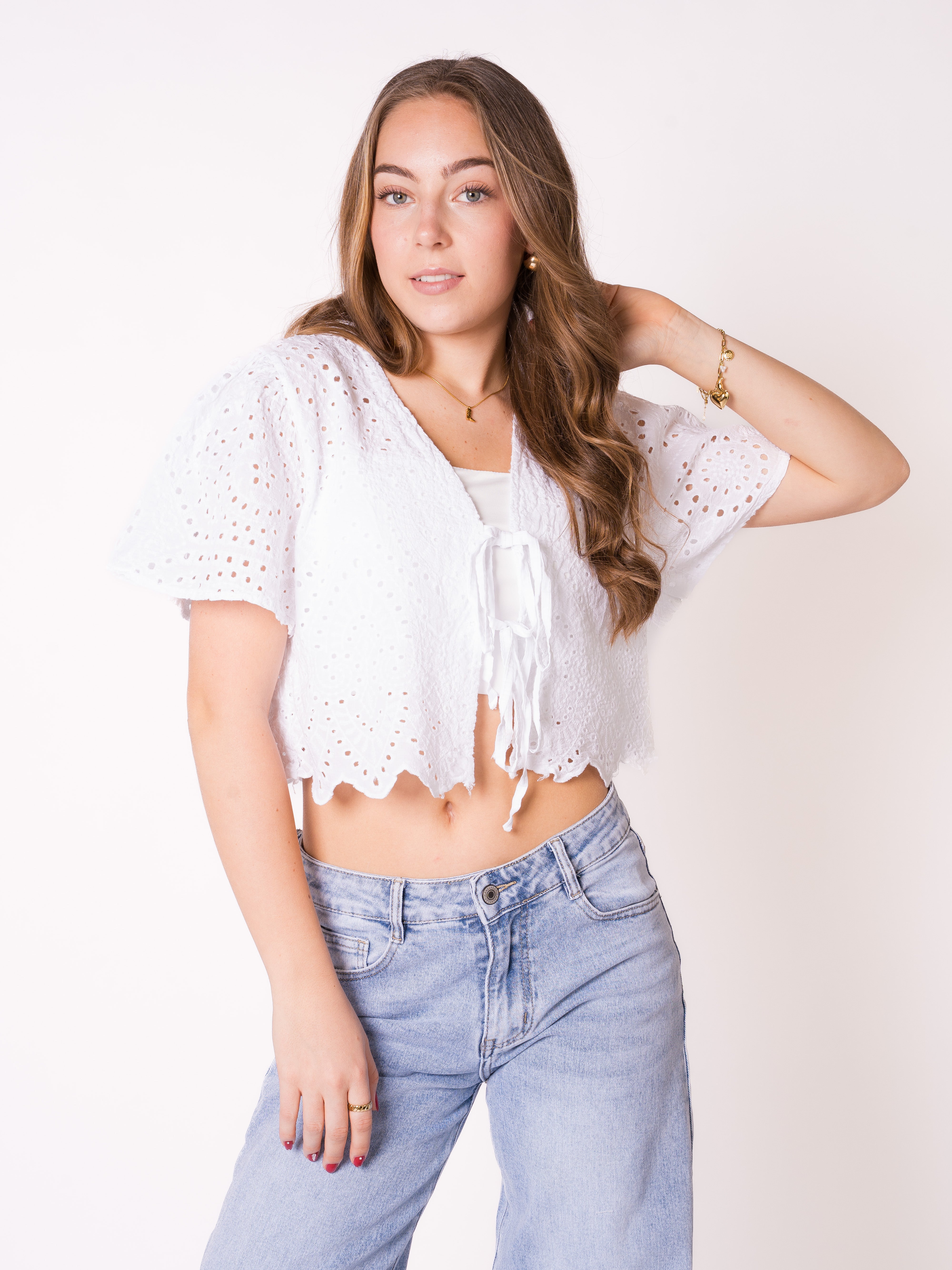 Boho Baumwoll Stick Bluse - Weiß
