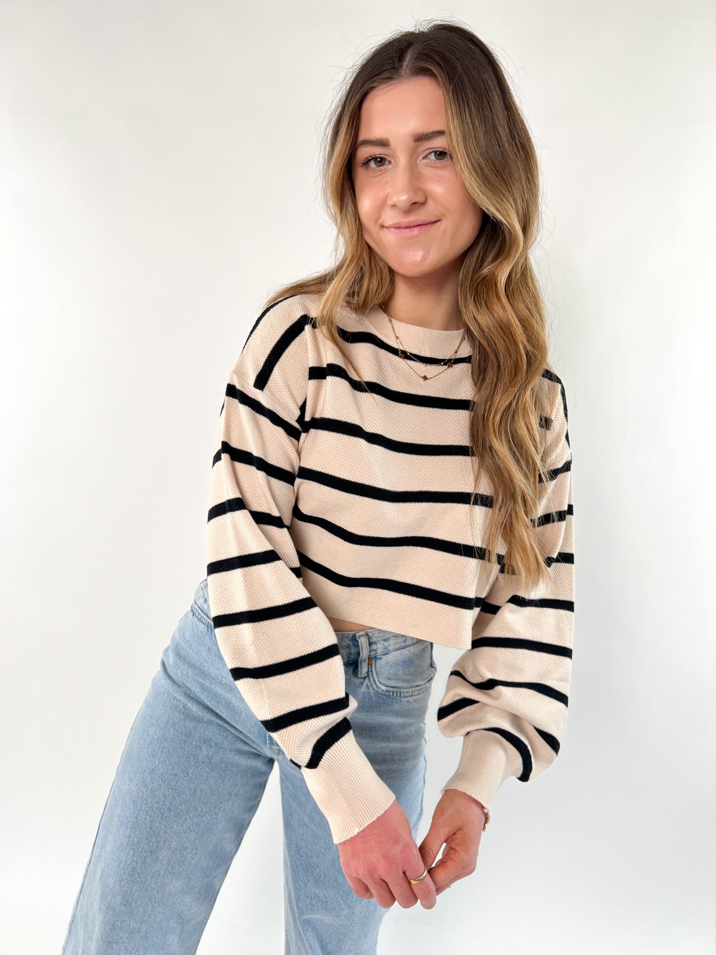 Casual Stripe Knit Cropped Longsleeve  - Taupe