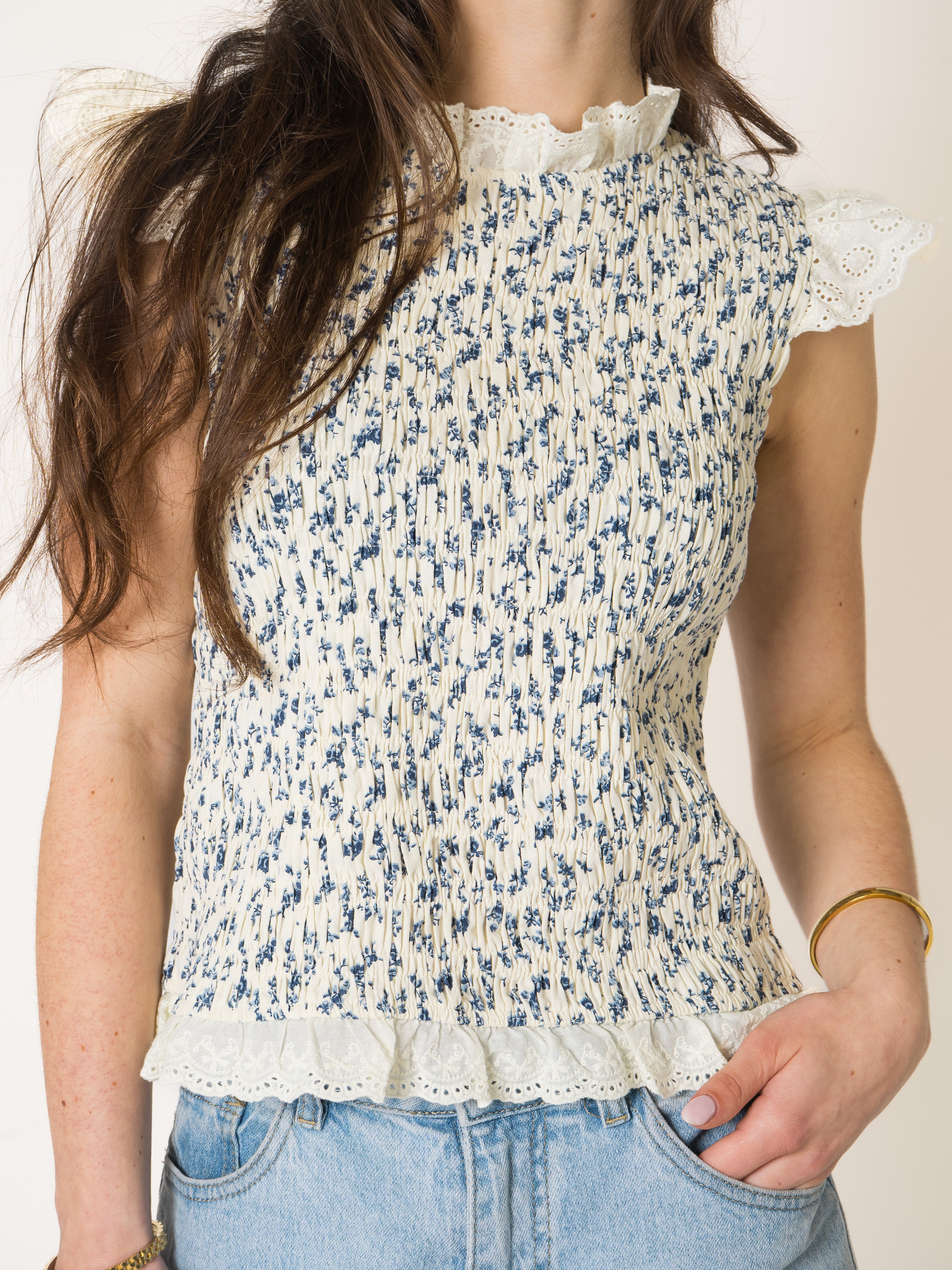 Blue Bloom Cotton Ruffle Shirt