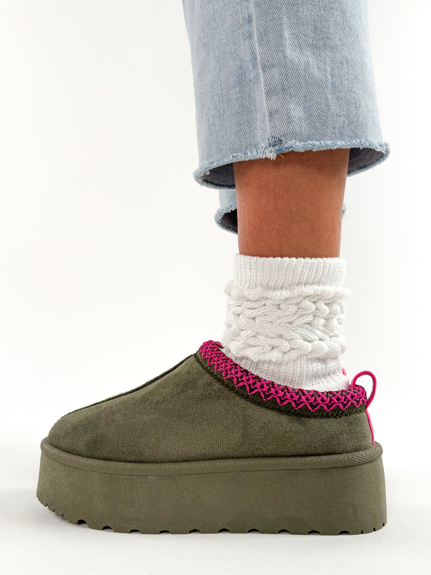Plateau Mini Boots Slipper - dunkelgrün rosa