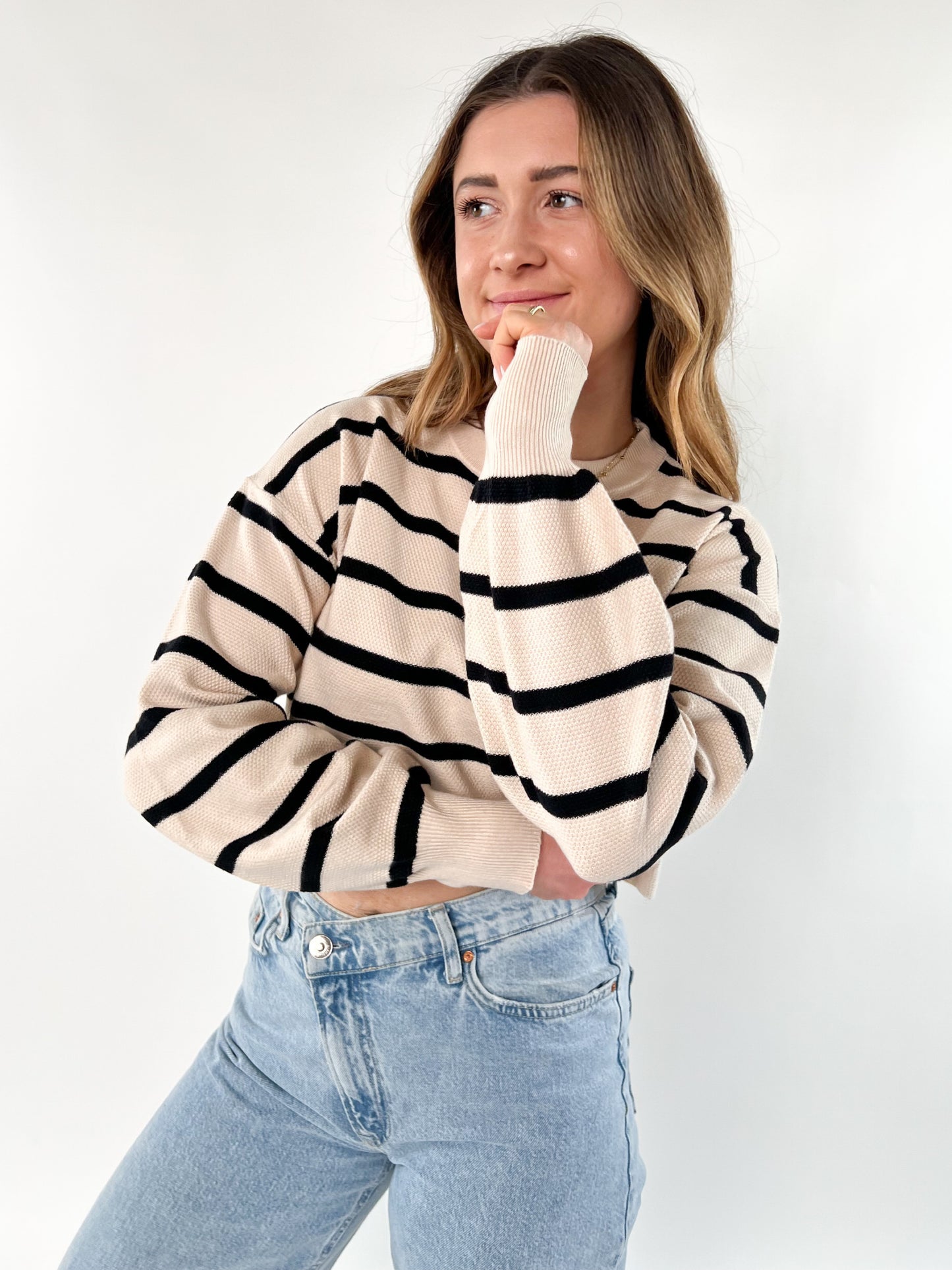 Casual Stripe Knit Cropped Longsleeve  - Taupe