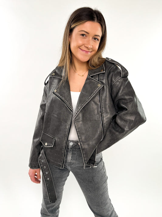 Leather Jacket - Grau / Schwarz