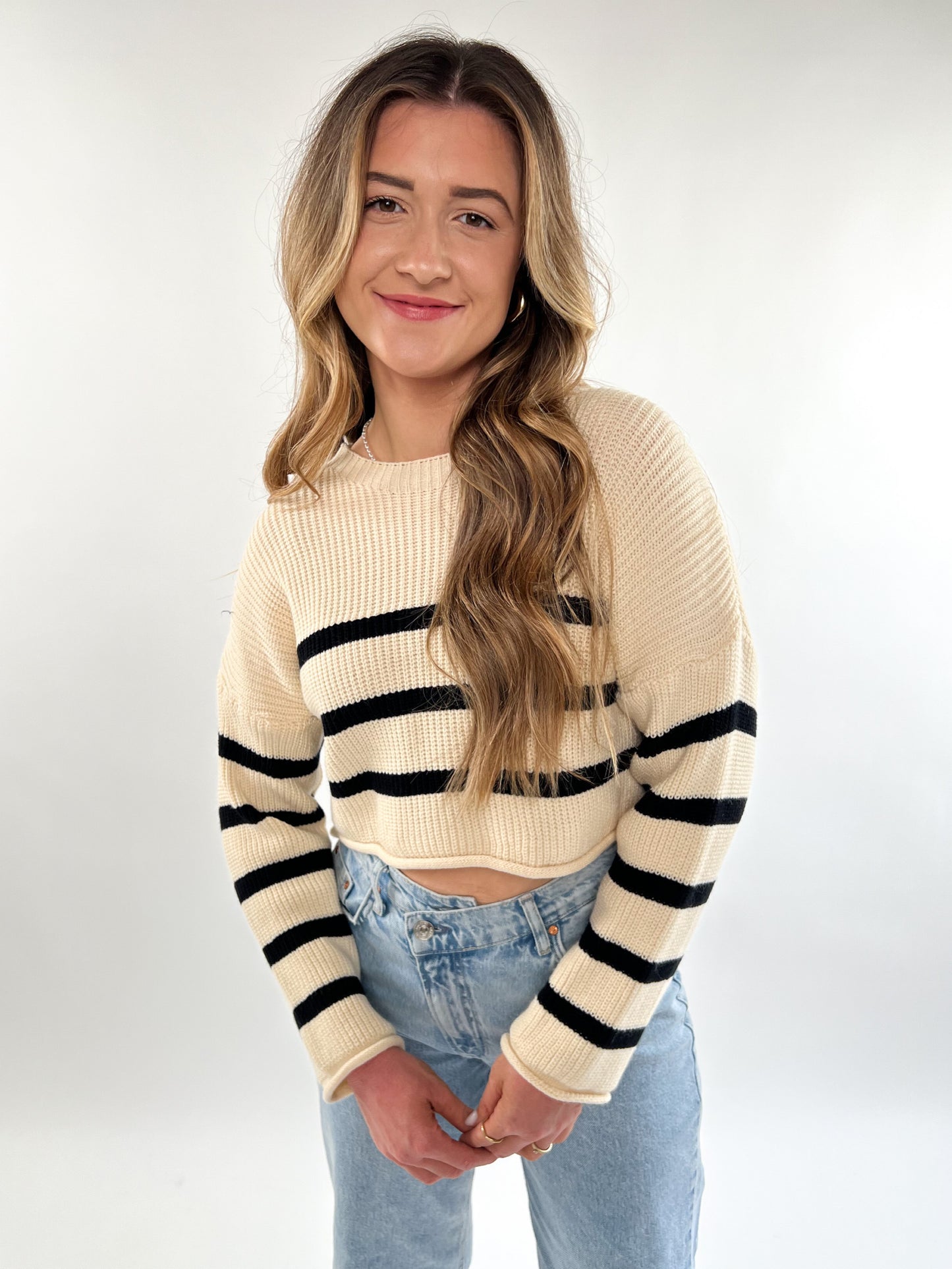 Crop Sweater Stripe Knit - beige schwarz