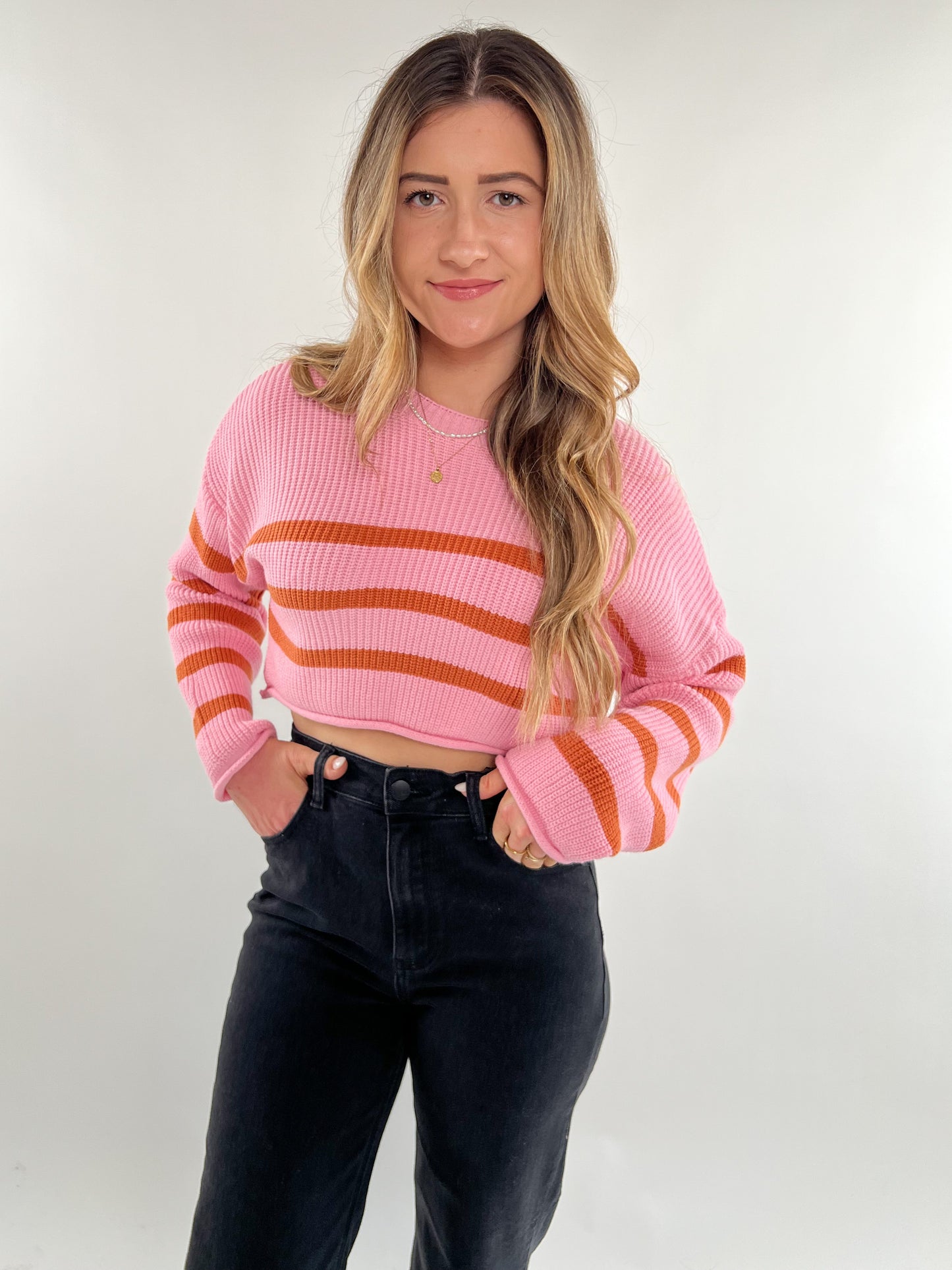 Crop Sweater Stripe Knit - rosa braun