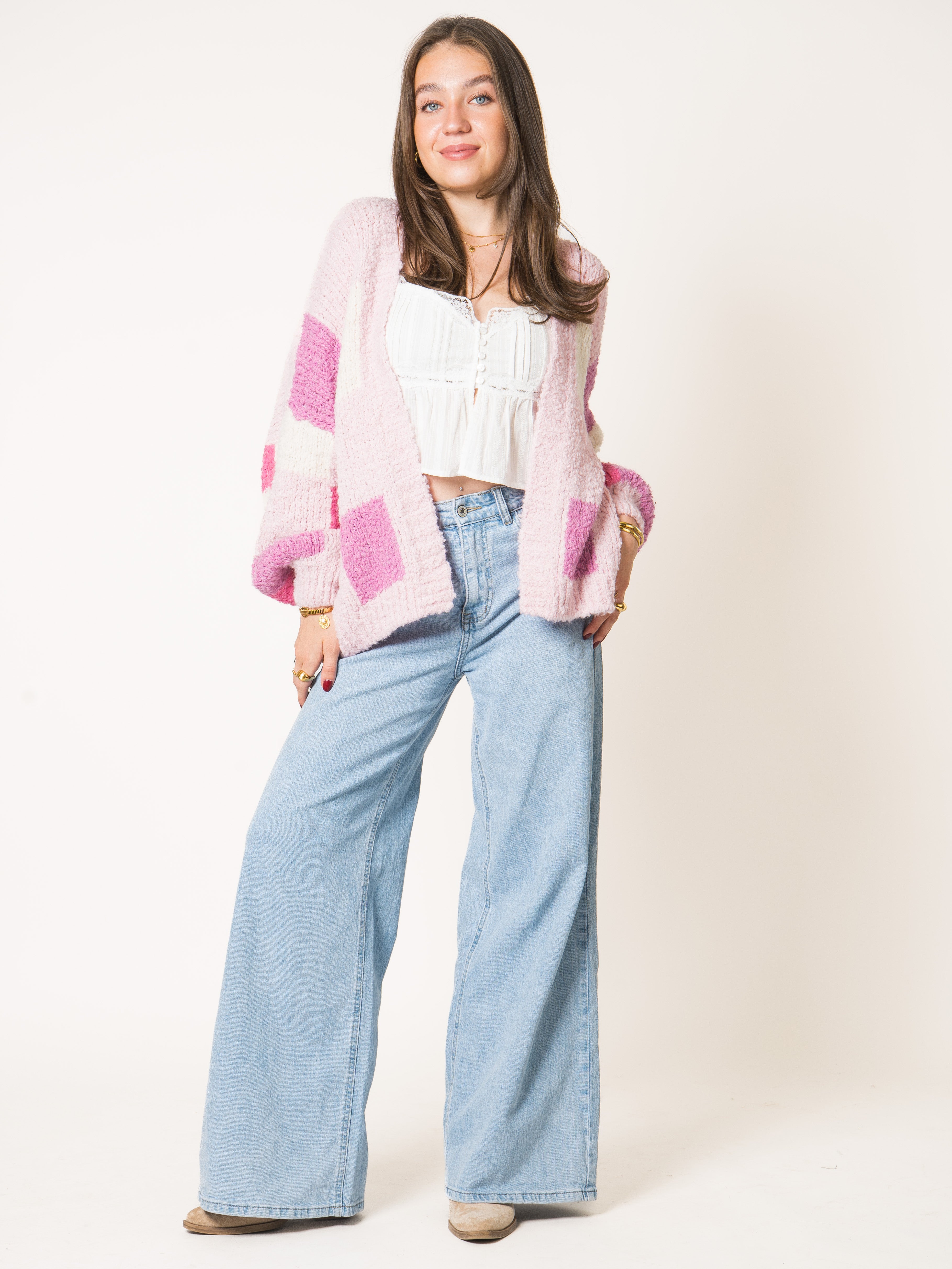 Chessboard Bouclé Knit Cardigan