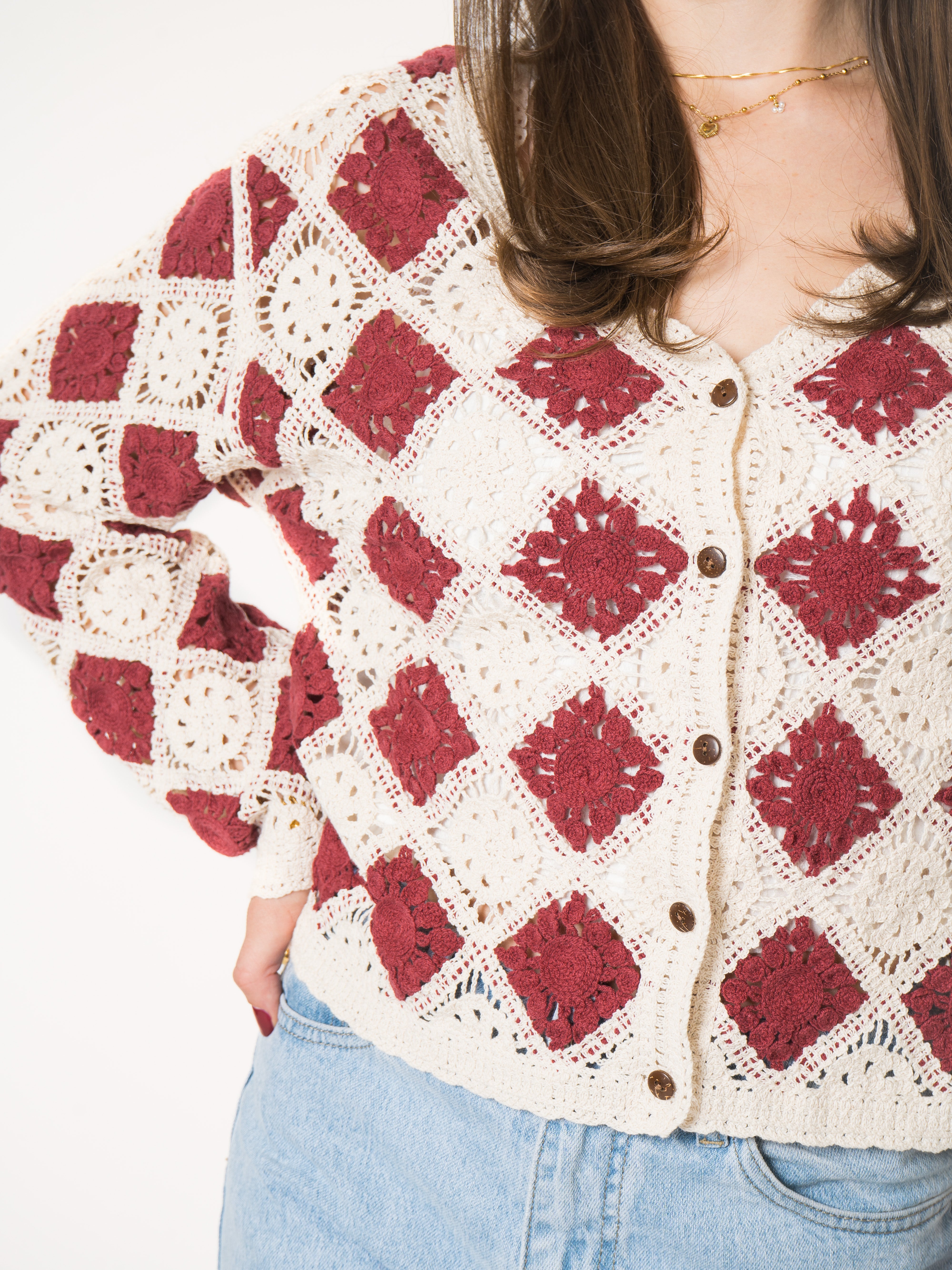 Red Rose Cotton Crochet Jacket
