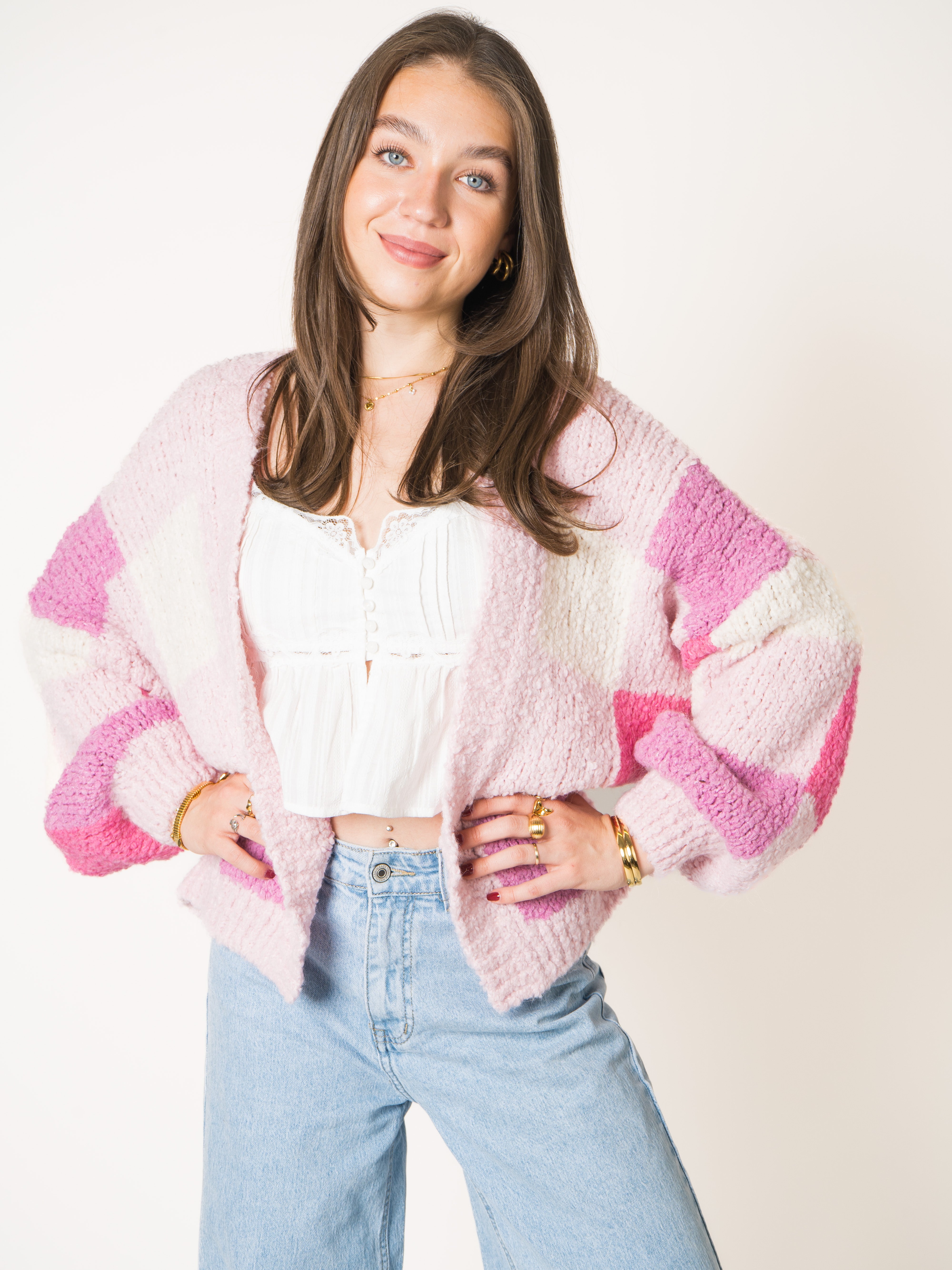 Chessboard Bouclé Knit Cardigan