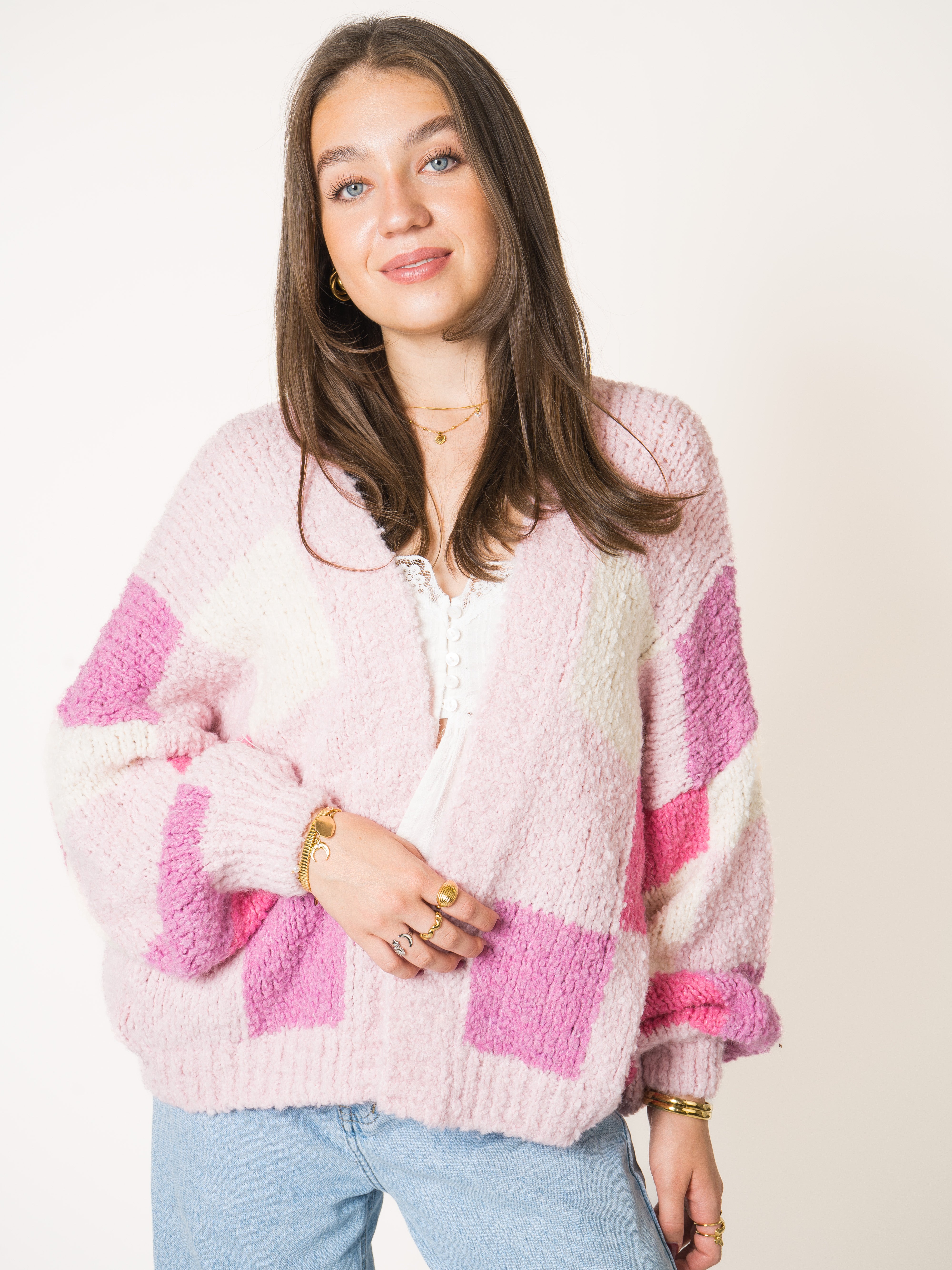 Chessboard Bouclé Knit Cardigan