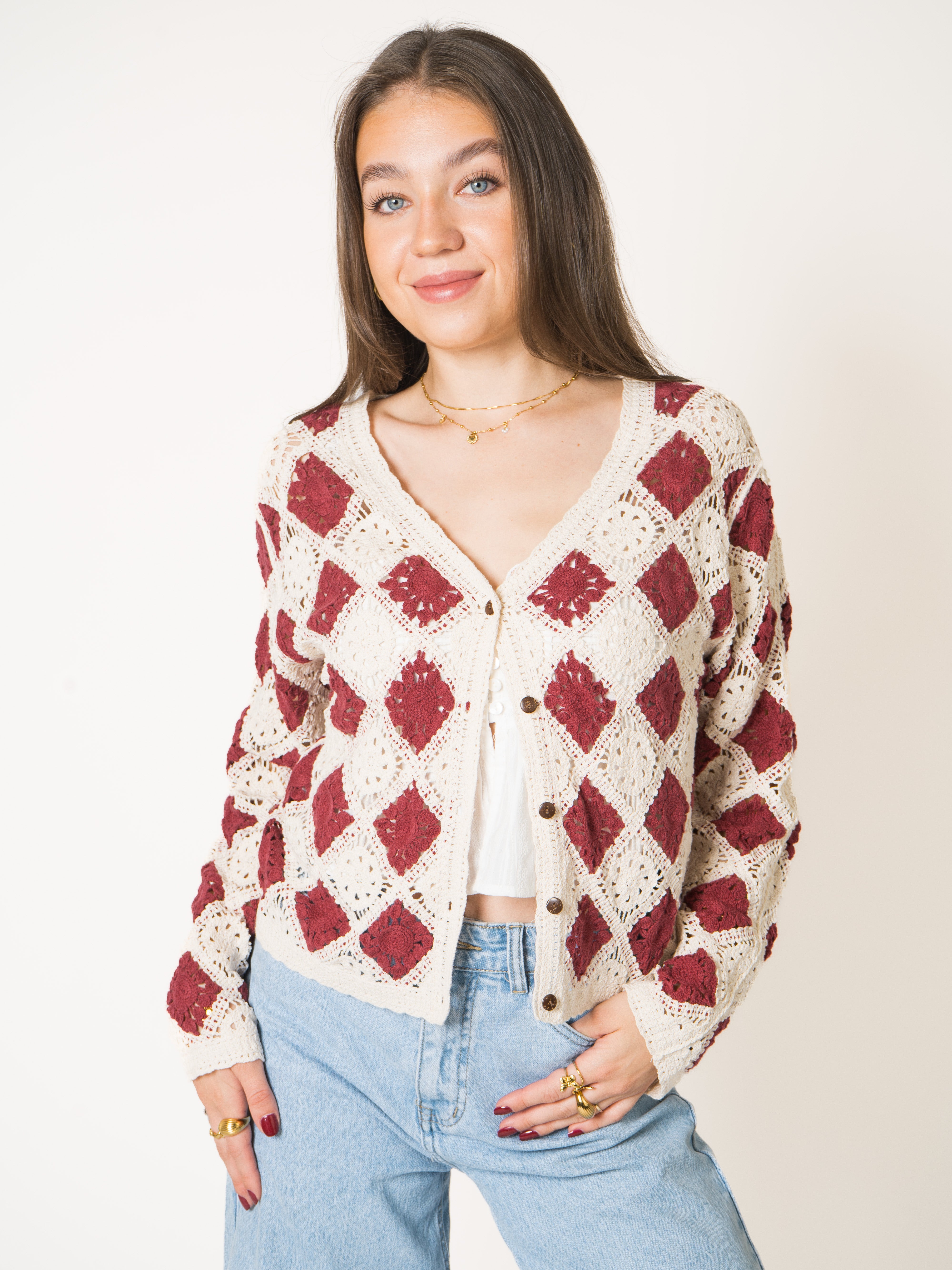 Red Rose Cotton Crochet Jacket
