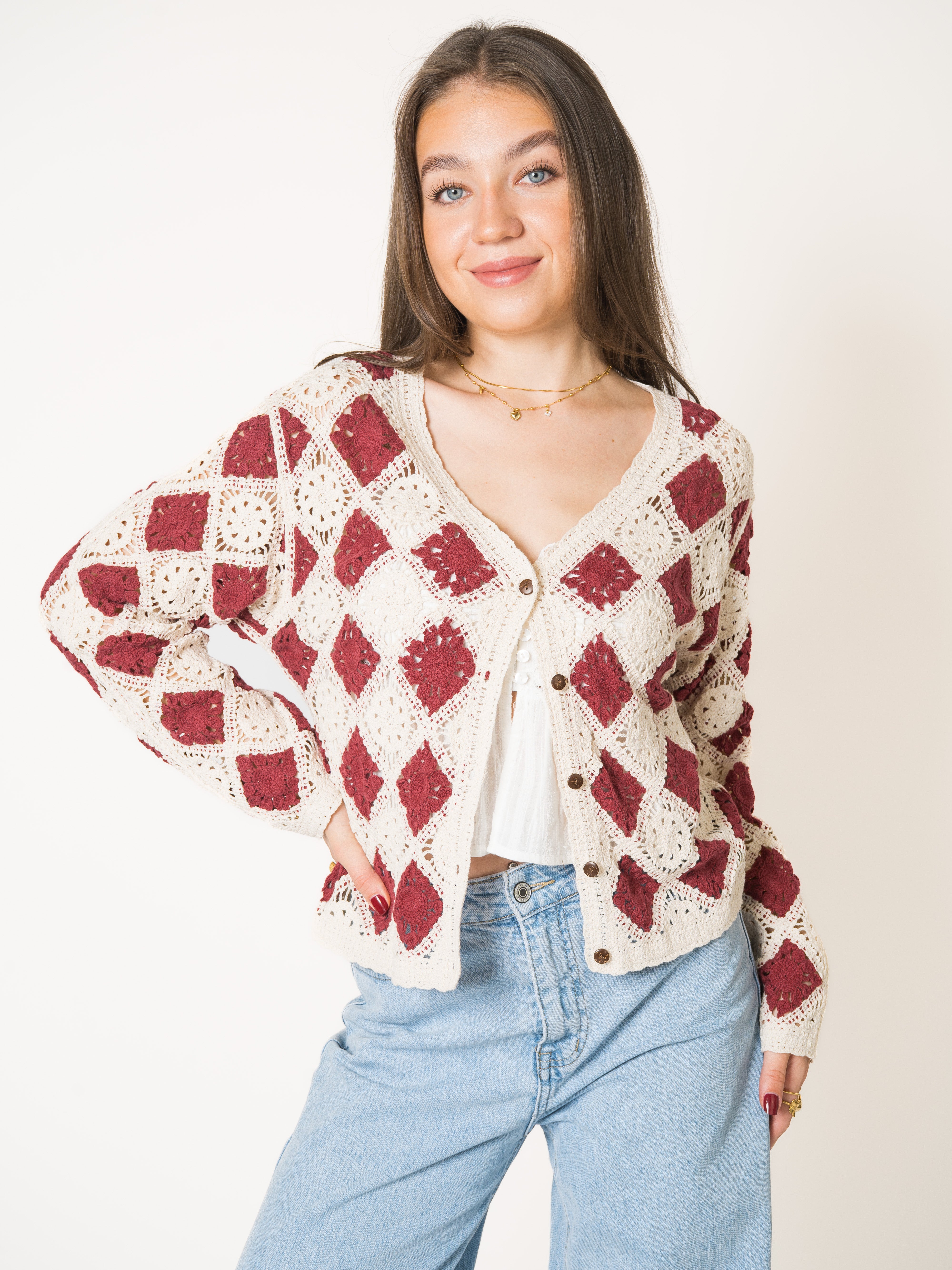 Red Rose Cotton Crochet Jacket