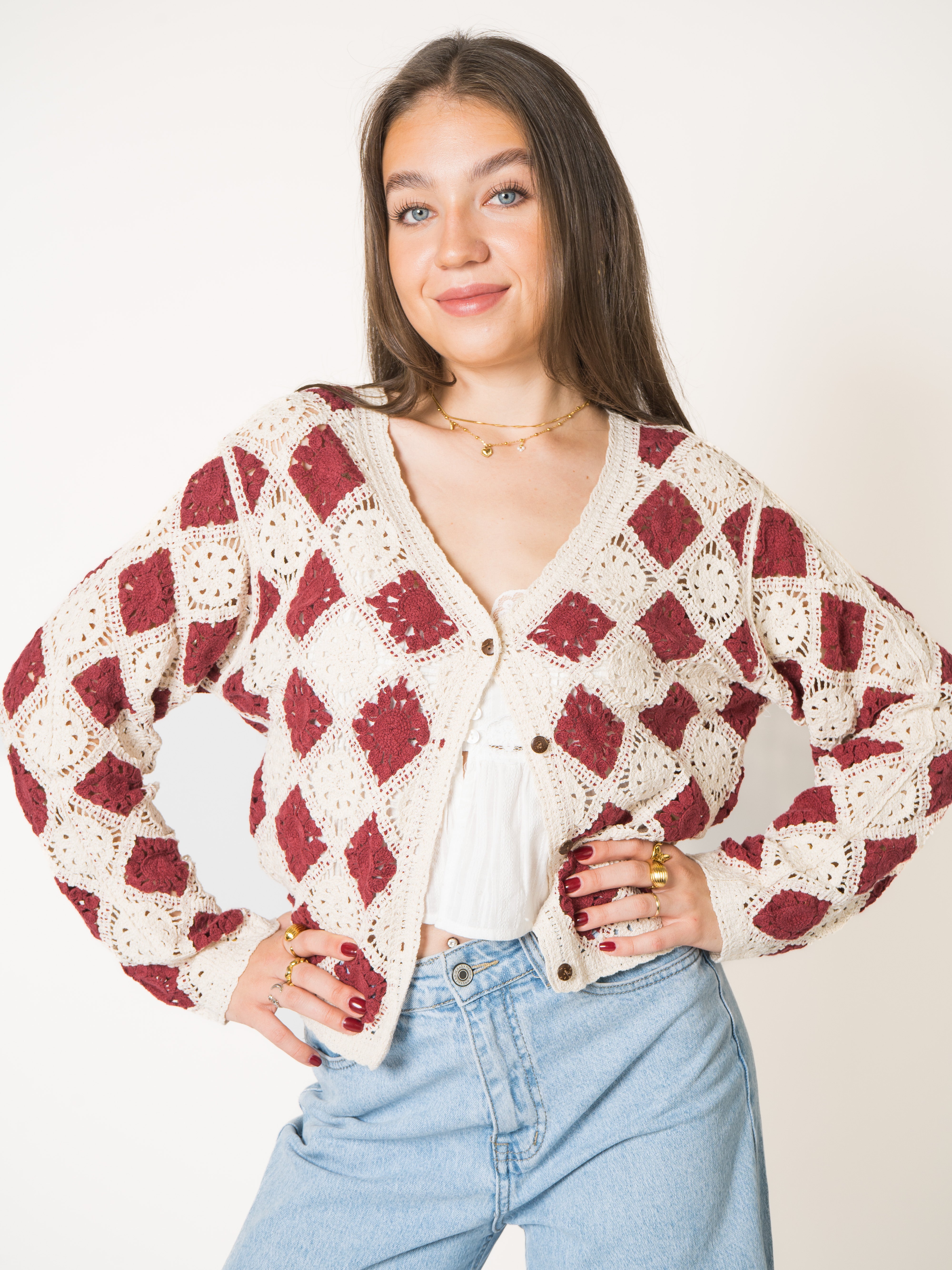 Red Rose Cotton Crochet Jacket