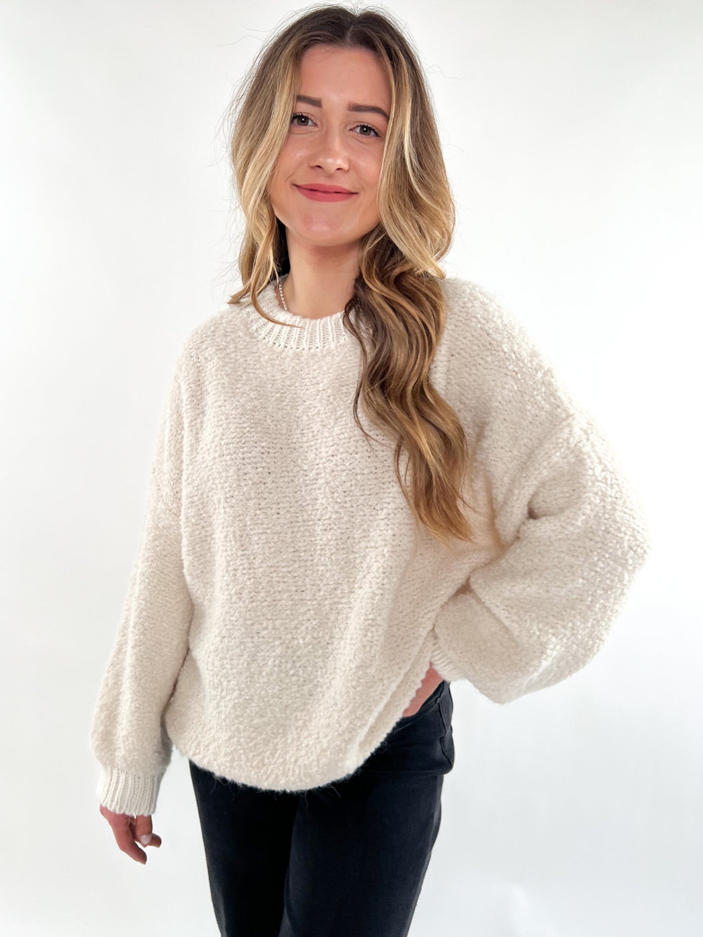 Bouclé Sweater Contrast - creme weiß