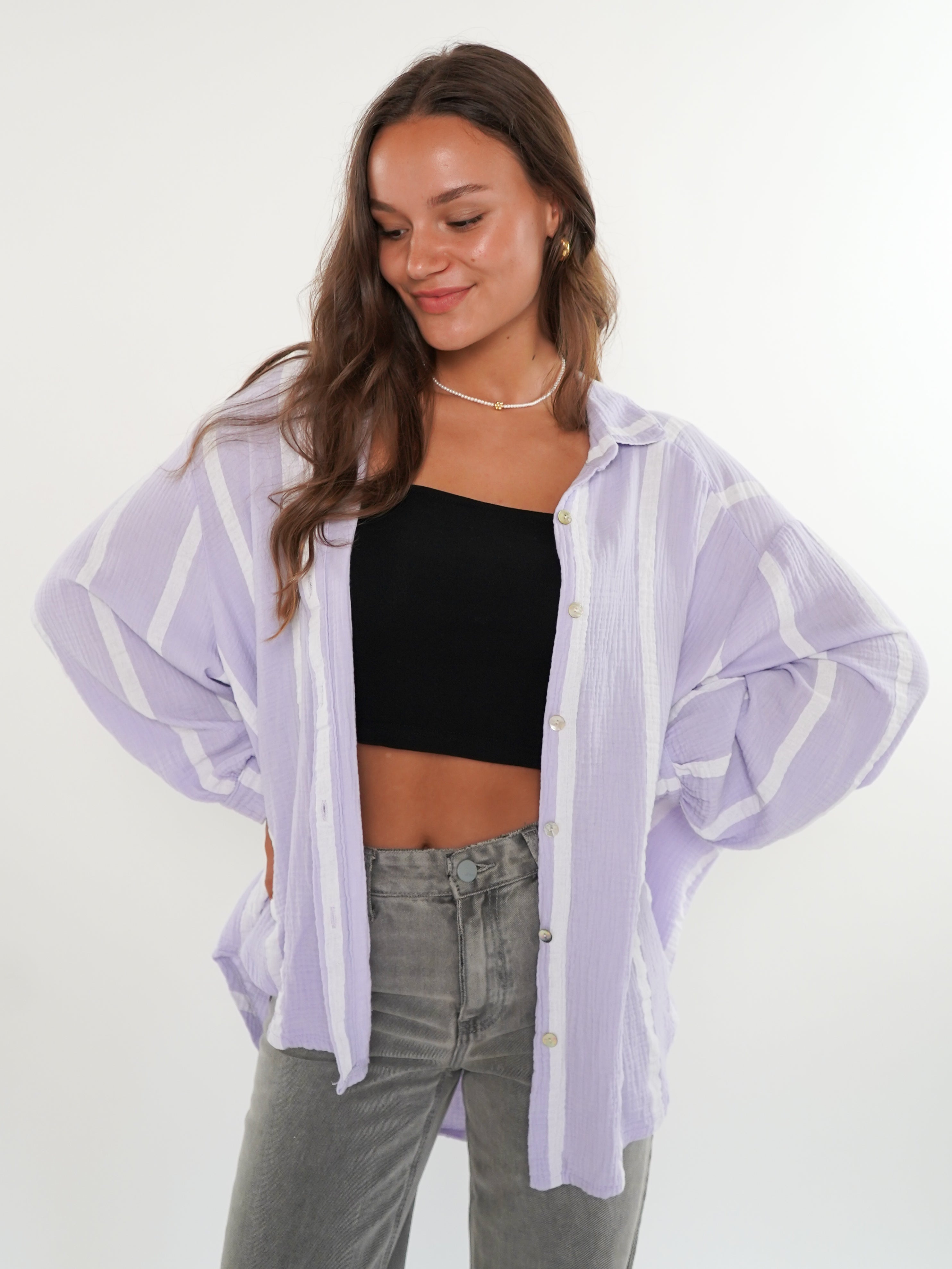 LUCKY DEAL 556 Musselinbluse Wide Stripes kurz - Flieder/Weiß - vom Umtausch ausgeschlossen -
