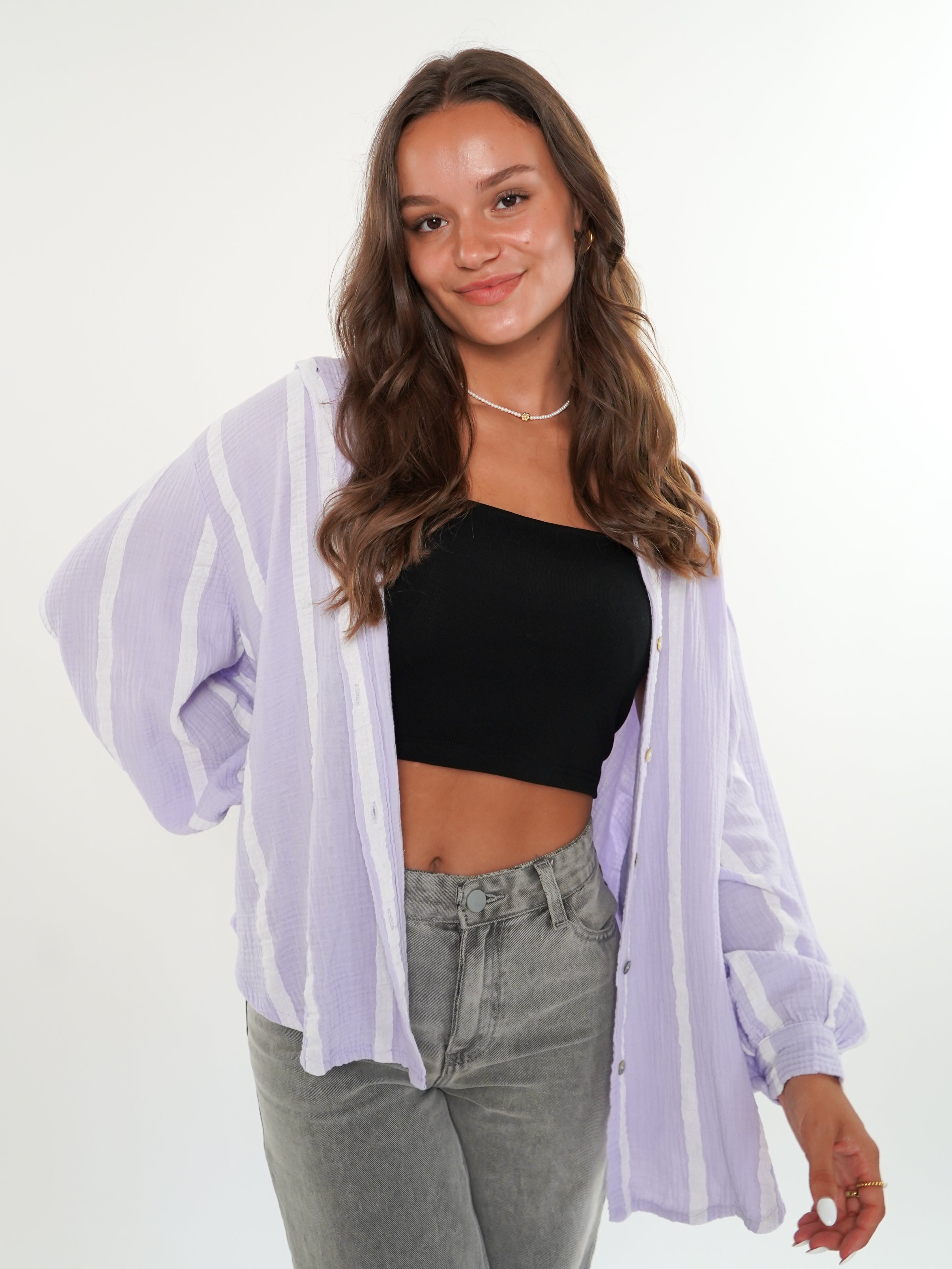 LUCKY DEAL 556 Musselinbluse Wide Stripes kurz - Flieder/Weiß - vom Umtausch ausgeschlossen -