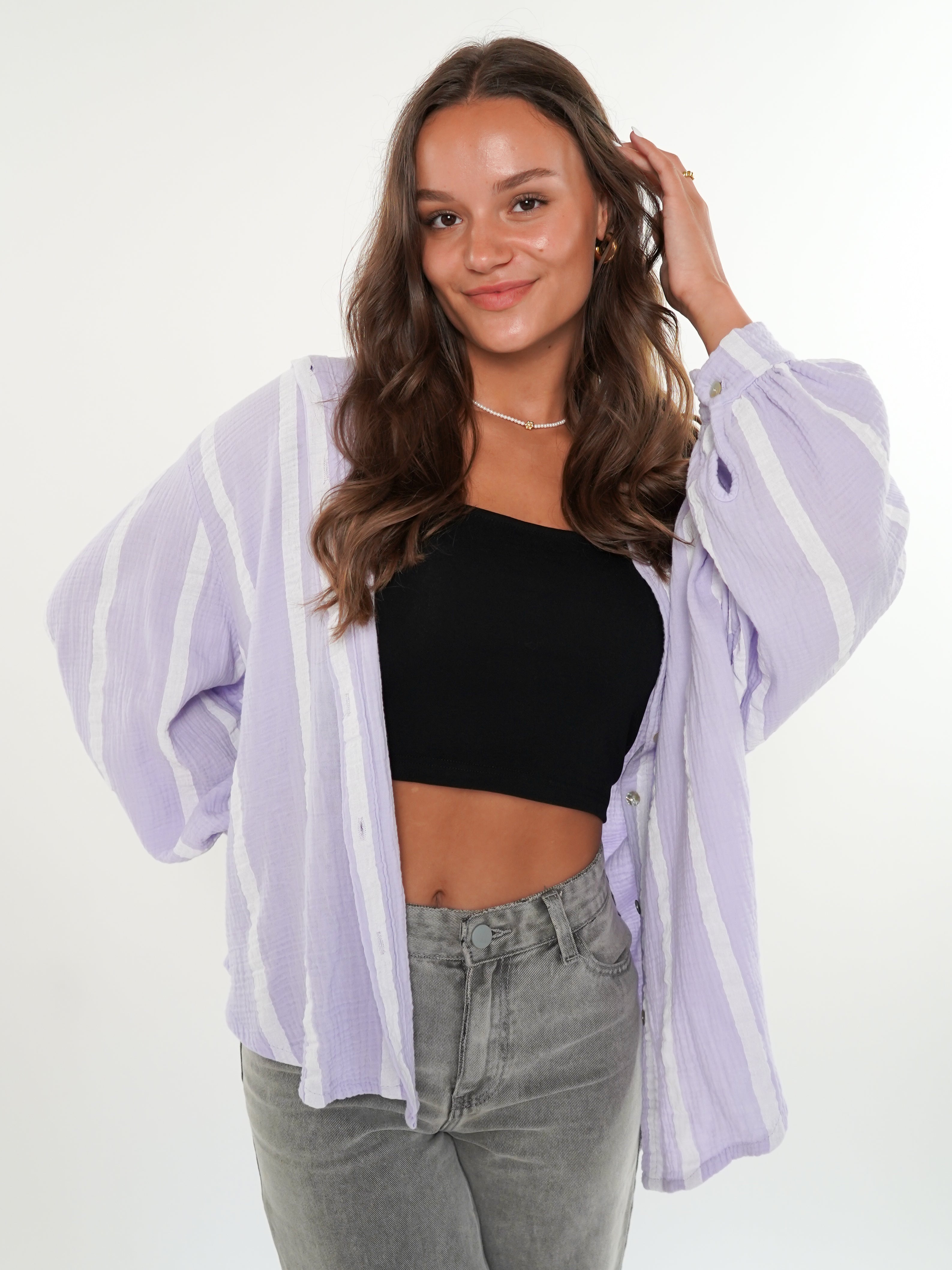 LUCKY DEAL 556 Musselinbluse Wide Stripes kurz - Flieder/Weiß - vom Umtausch ausgeschlossen -