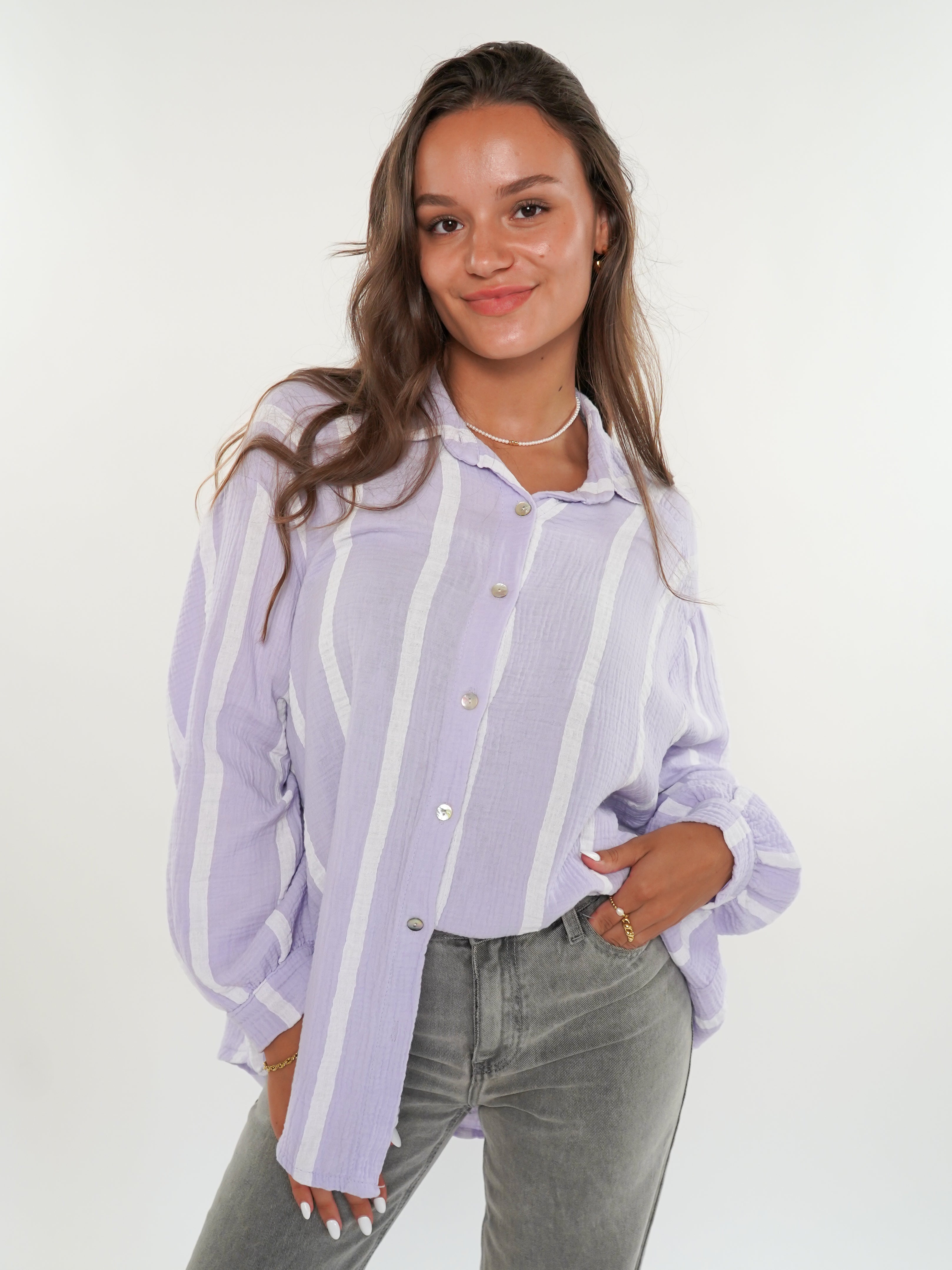 LUCKY DEAL 556 Musselinbluse Wide Stripes kurz - Flieder/Weiß - vom Umtausch ausgeschlossen -