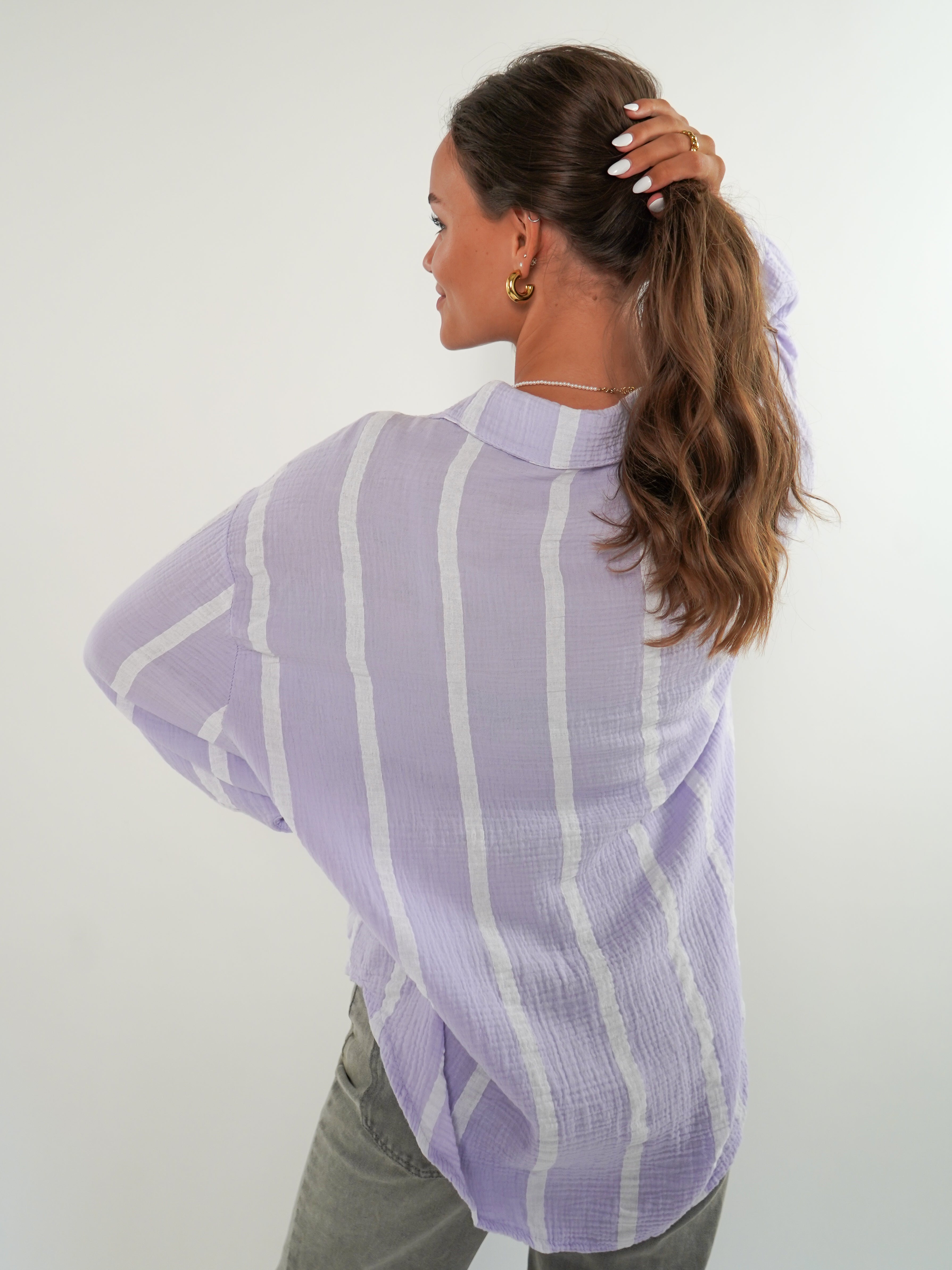 LUCKY DEAL 556 Musselinbluse Wide Stripes kurz - Flieder/Weiß - vom Umtausch ausgeschlossen -