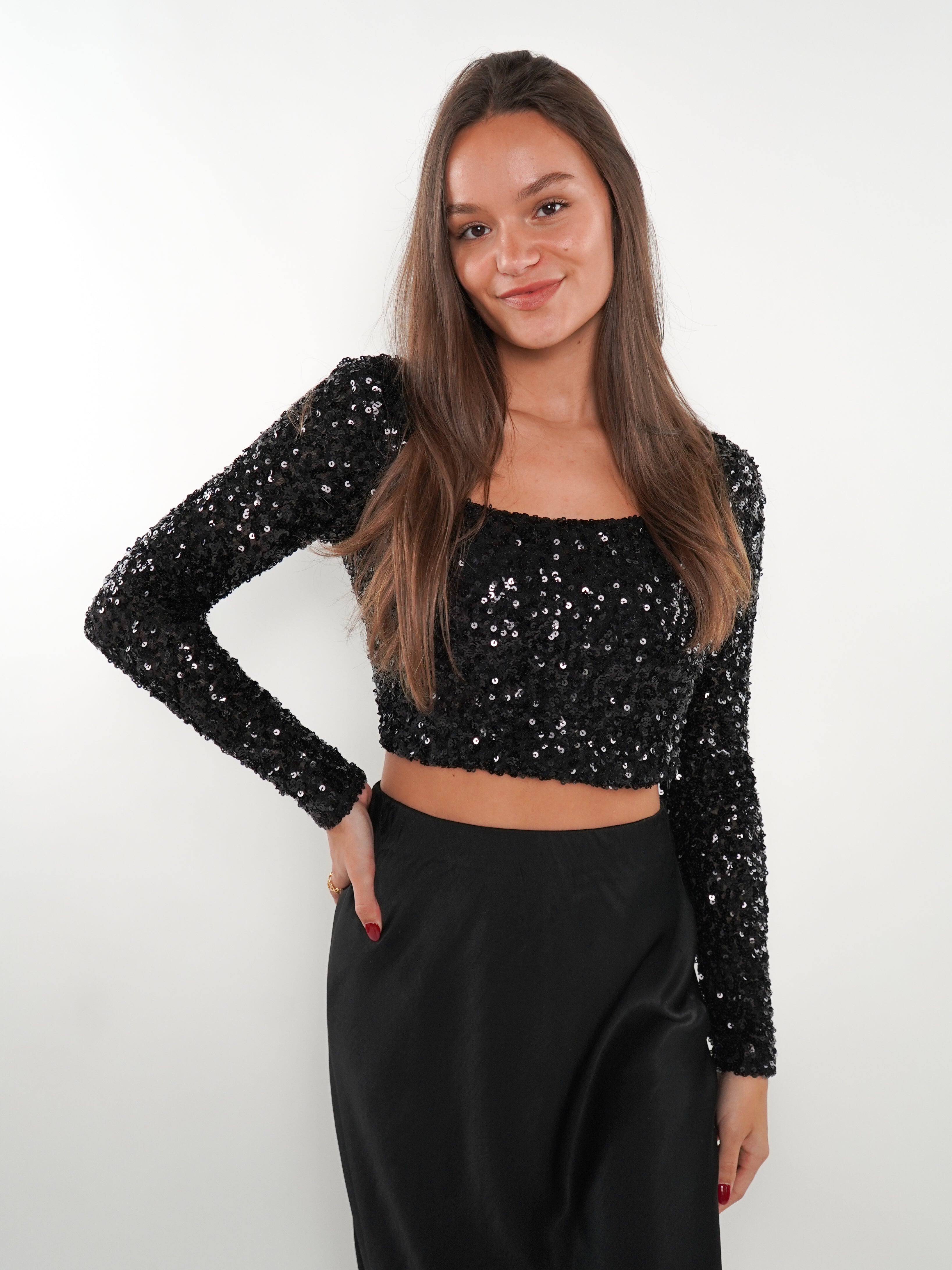 Sparkly Statement Crop Longsleeve - Schwarz