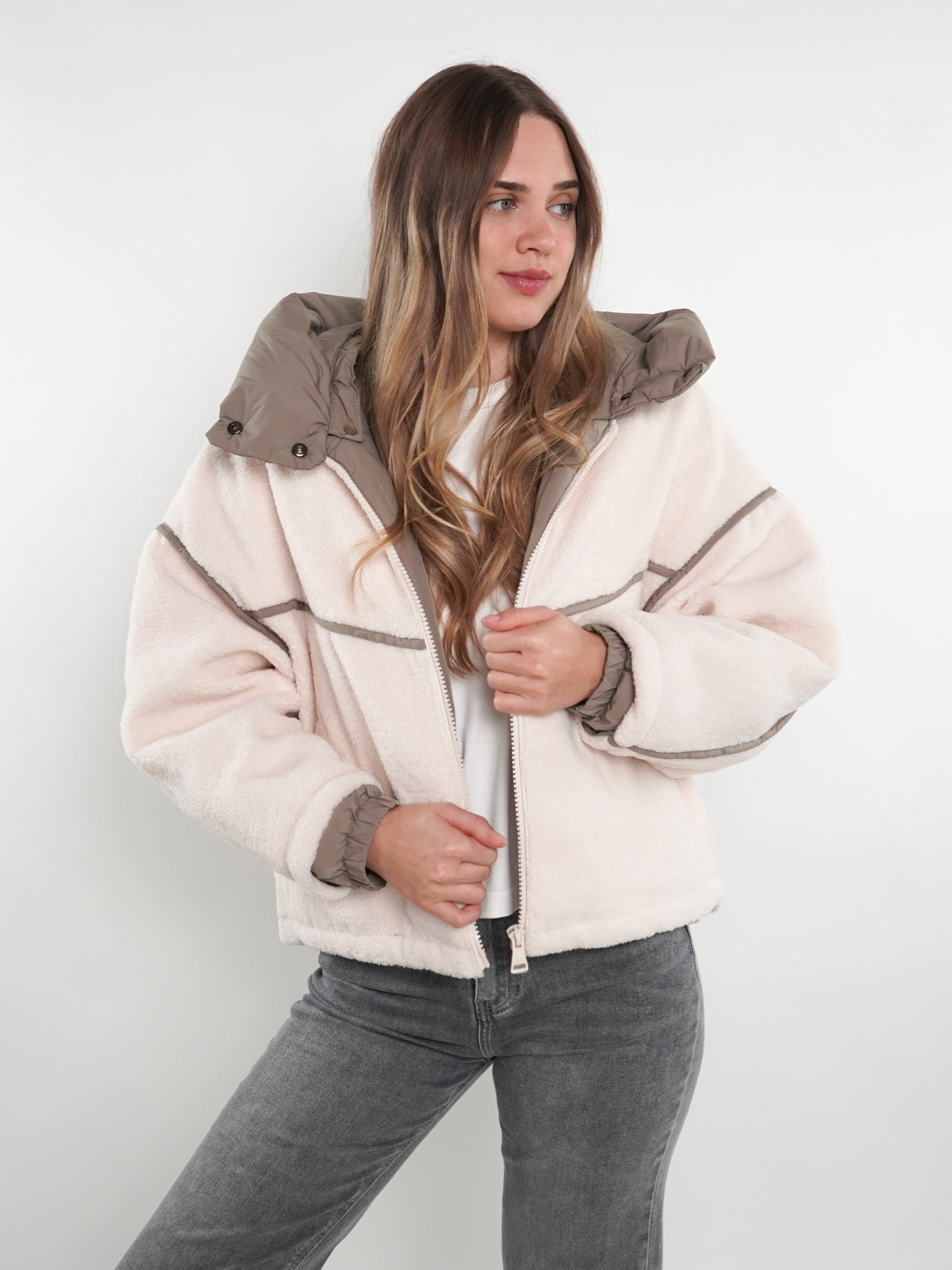 Teddyjacke Astrid - Weiß mit Khaki
