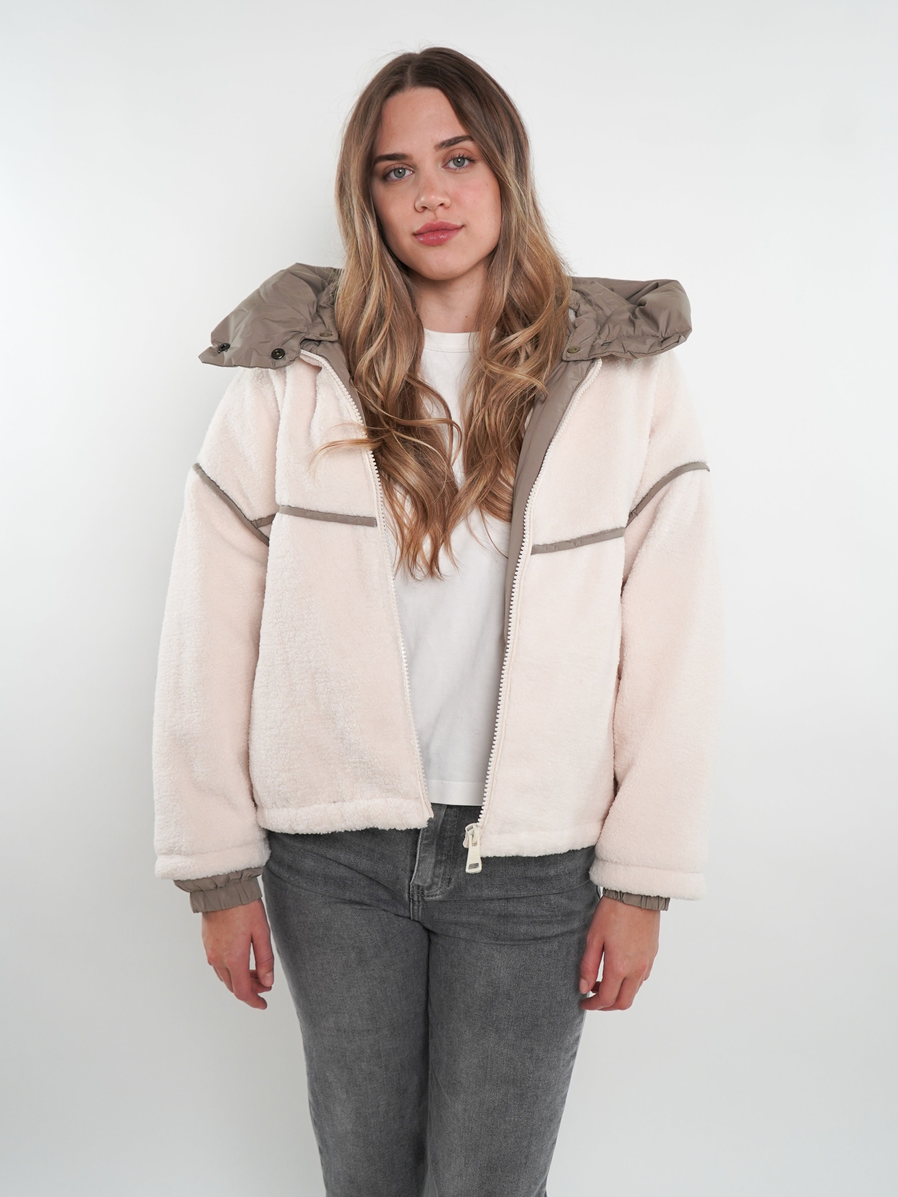 Teddyjacke Astrid - Weiß mit Khaki