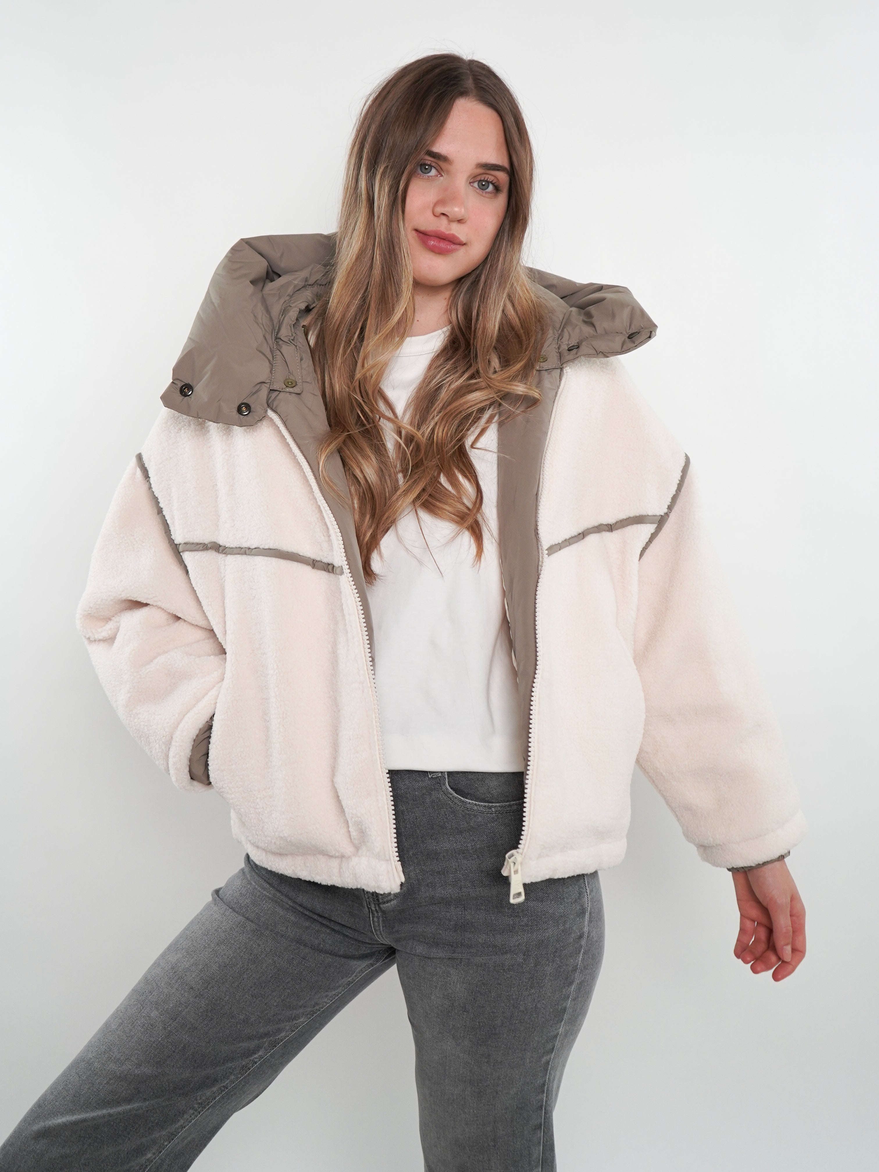 Teddyjacke Astrid - Weiß mit Khaki