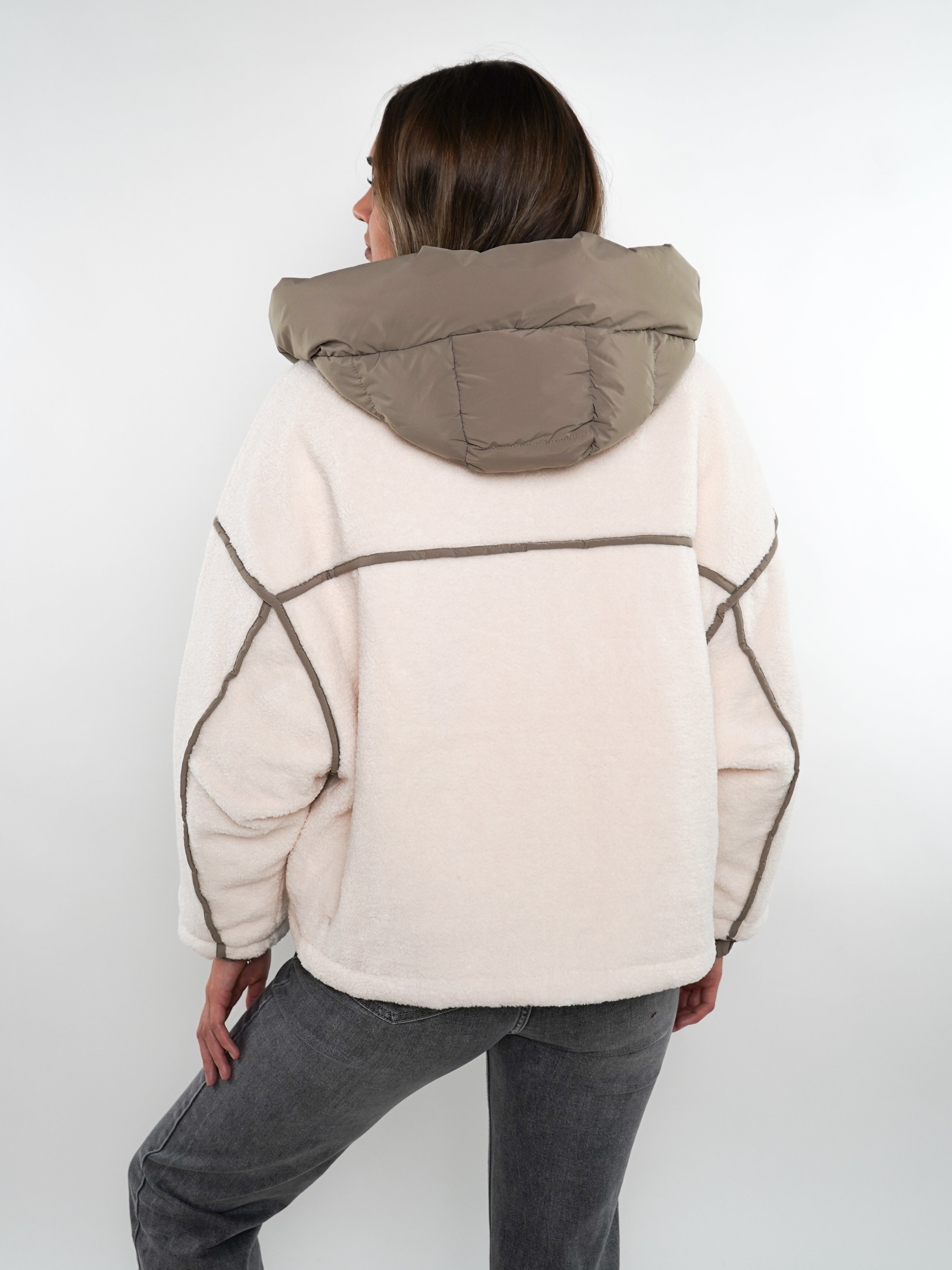 Teddyjacke Astrid - Weiß mit Khaki