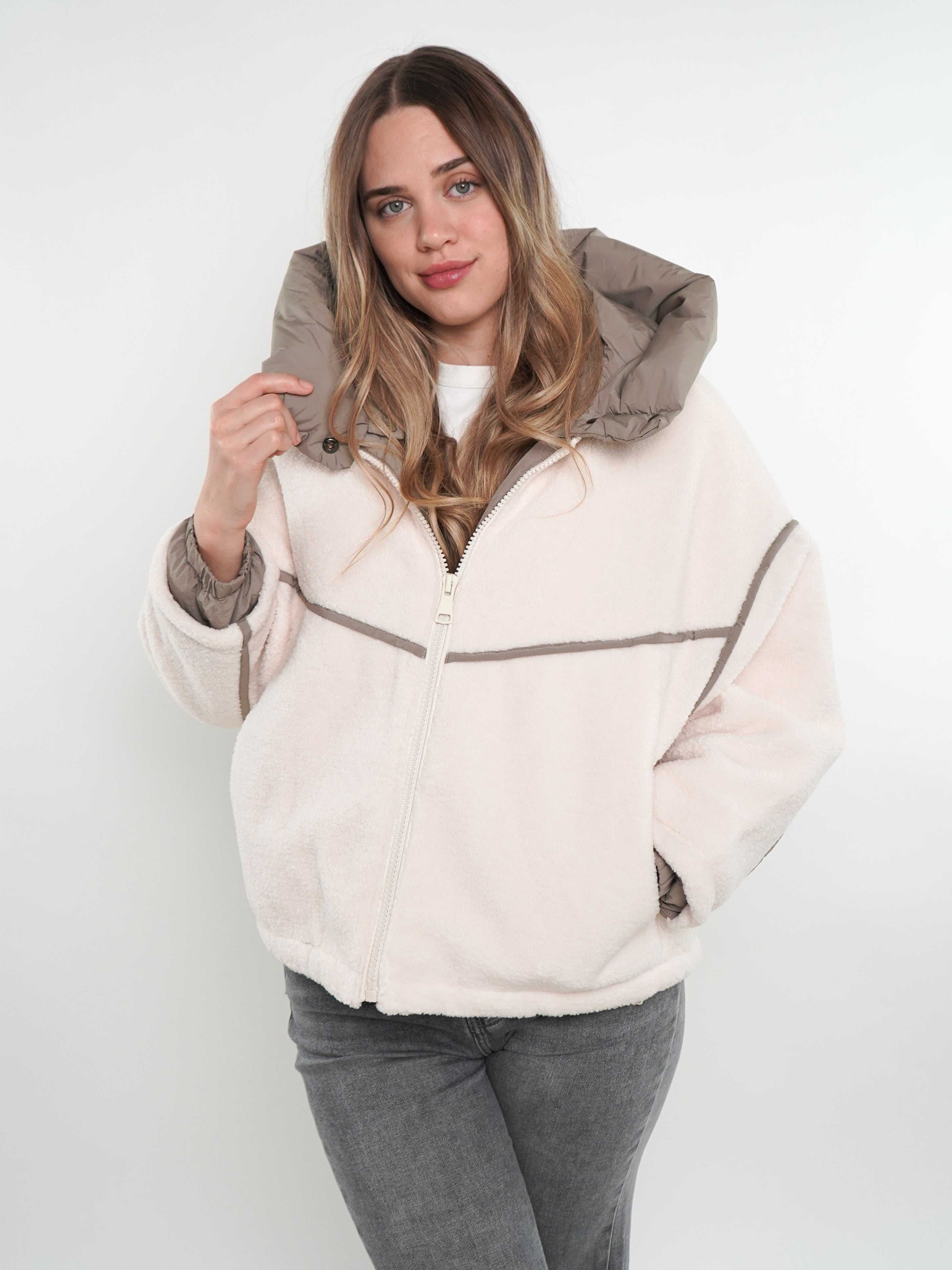 Teddyjacke Astrid - Weiß mit Khaki