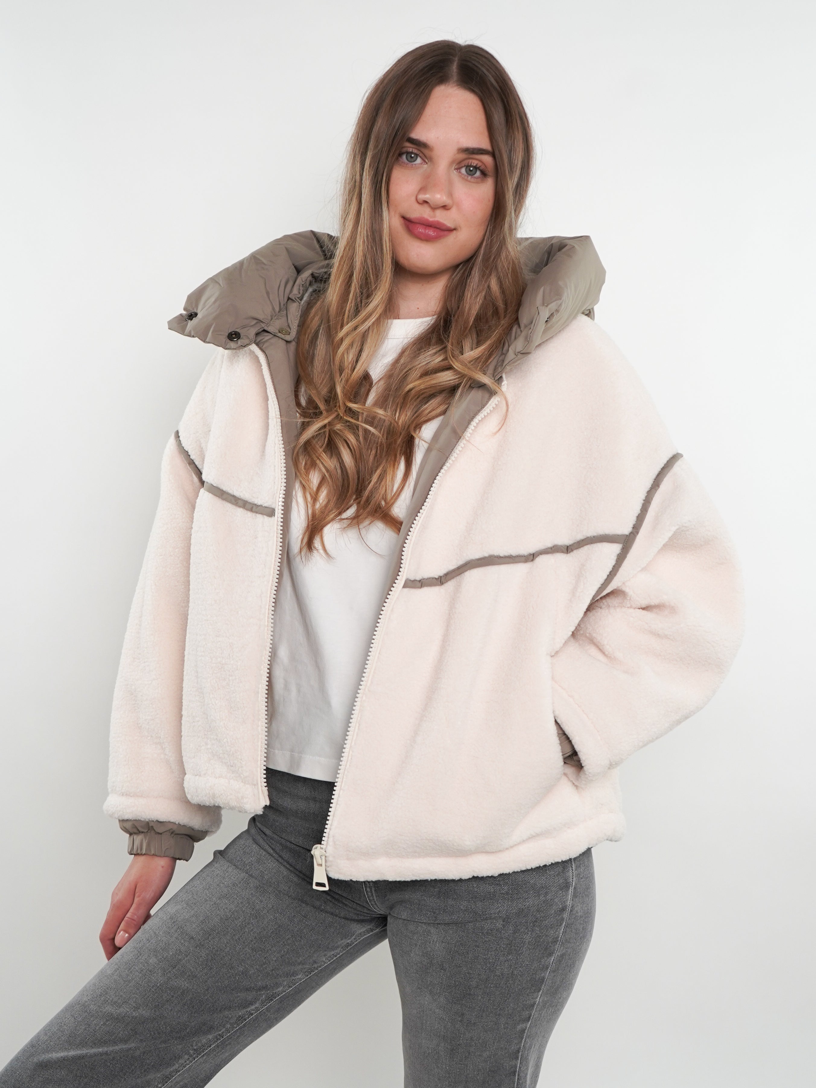 Teddyjacke Astrid - Weiß mit Khaki