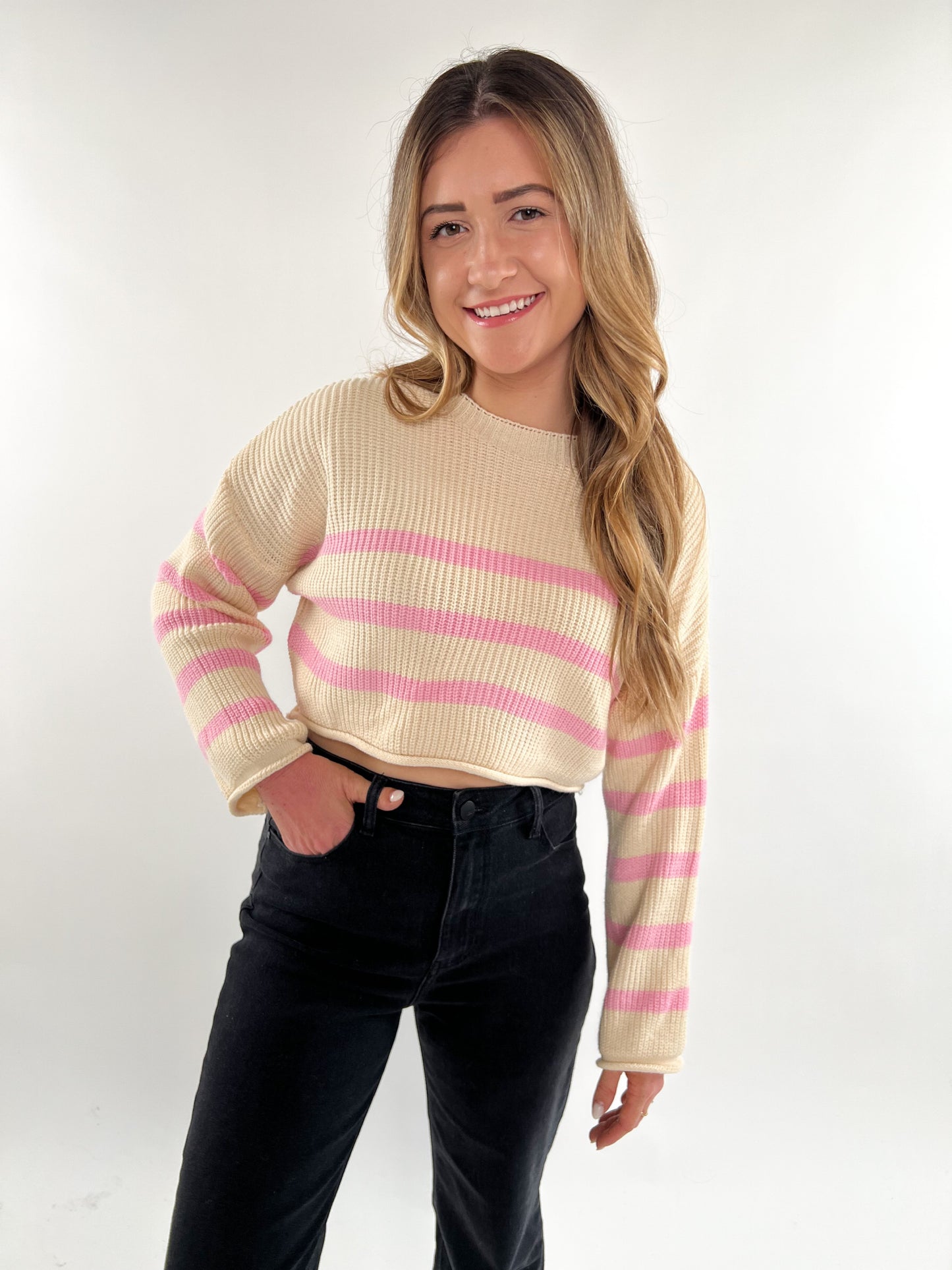 Crop Sweater Stripe Knit - hellrosa creme