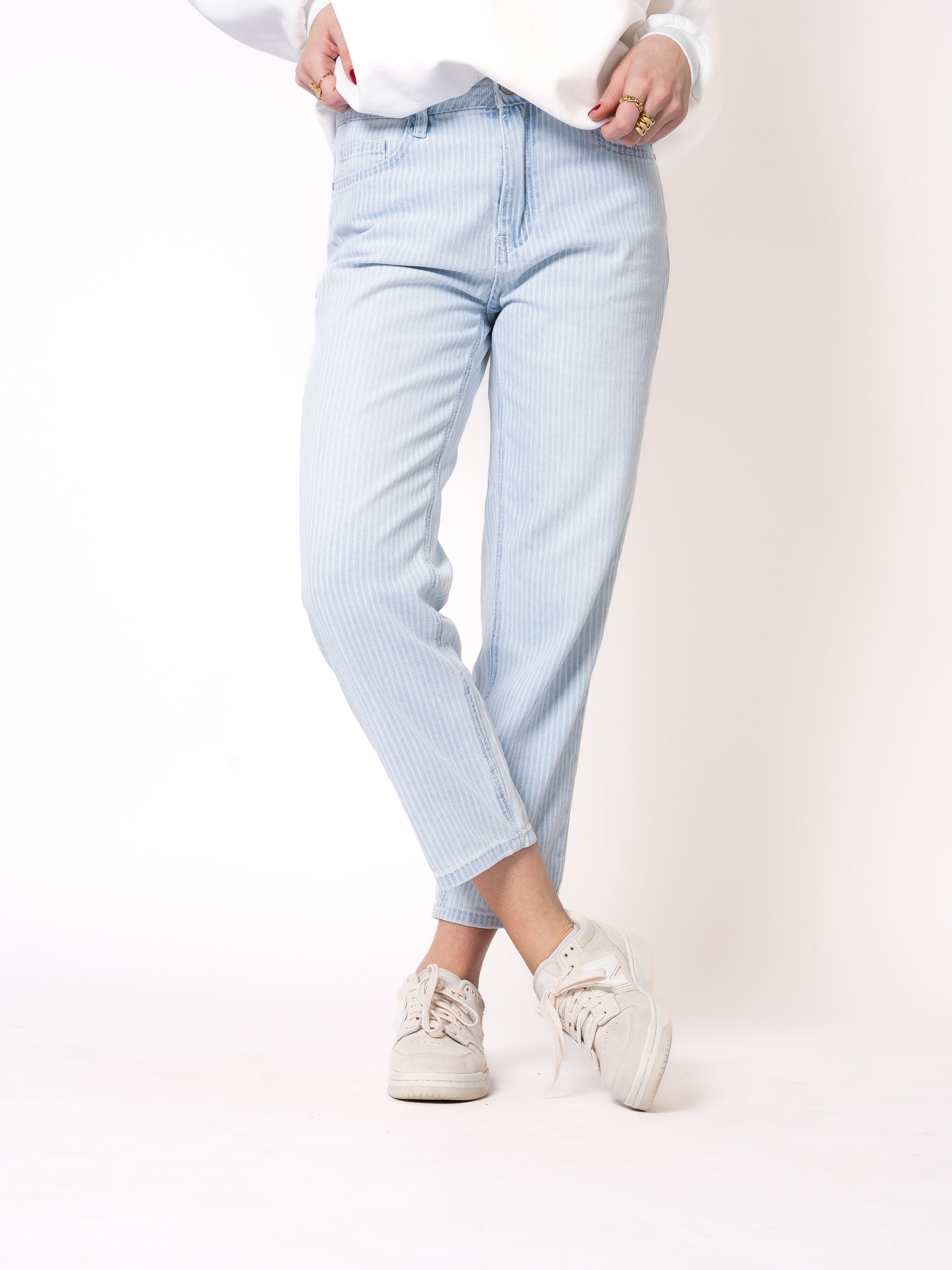 Stripe Vibe Mom Jeans - Light Blue
