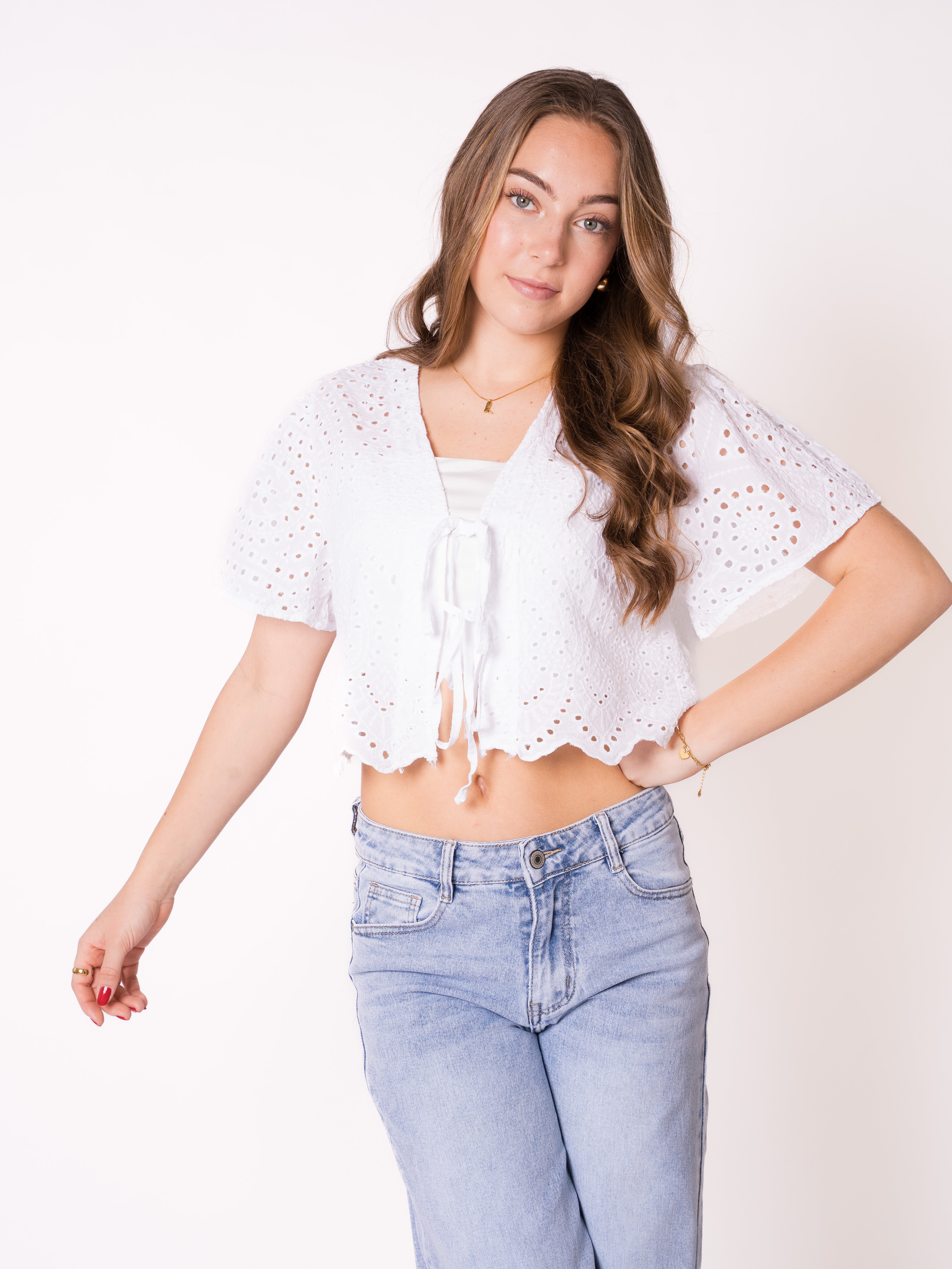 Boho Baumwoll Stick Bluse - Weiß