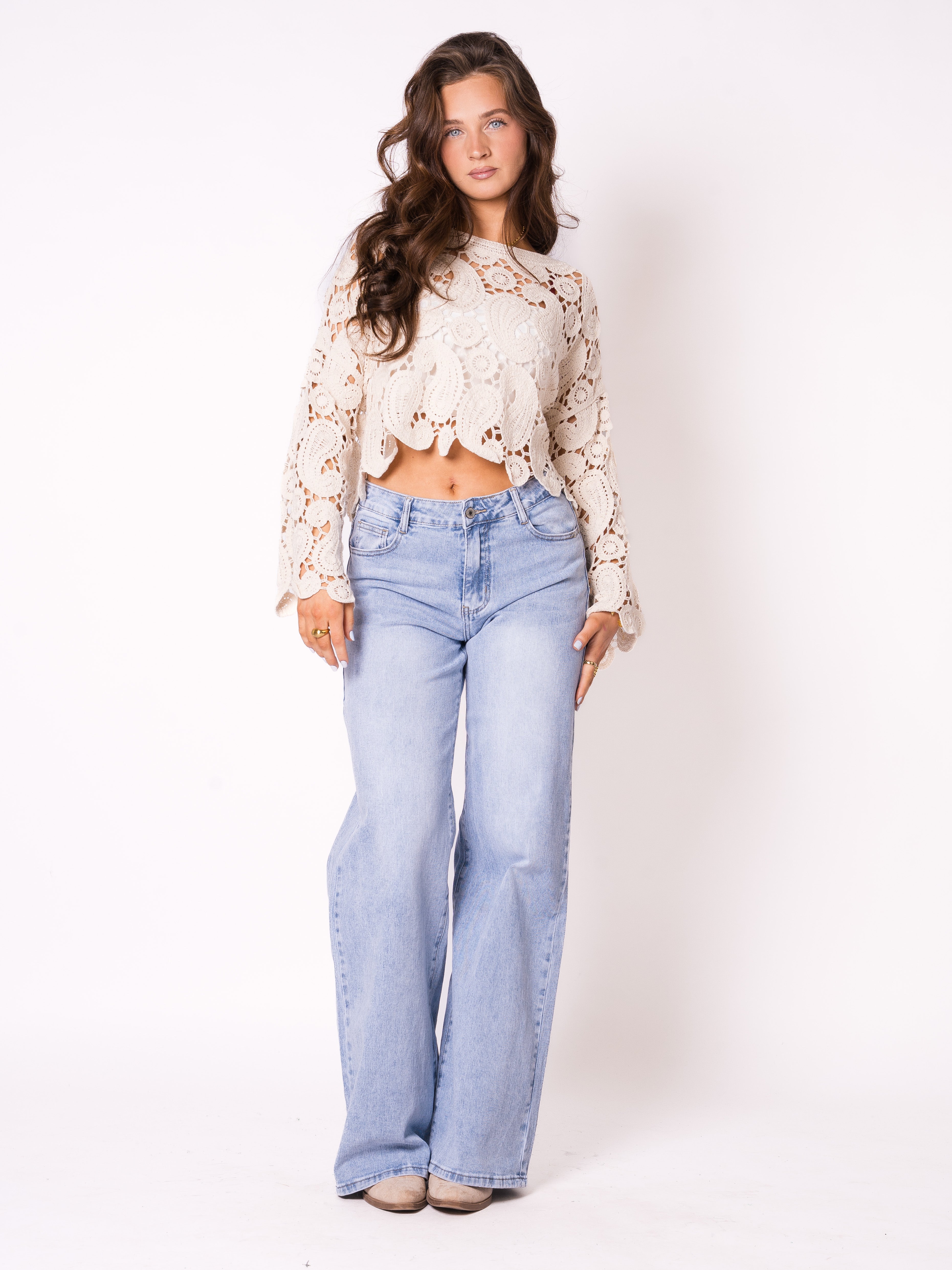 Boho Pearly Beach Häkelpullover - Creme