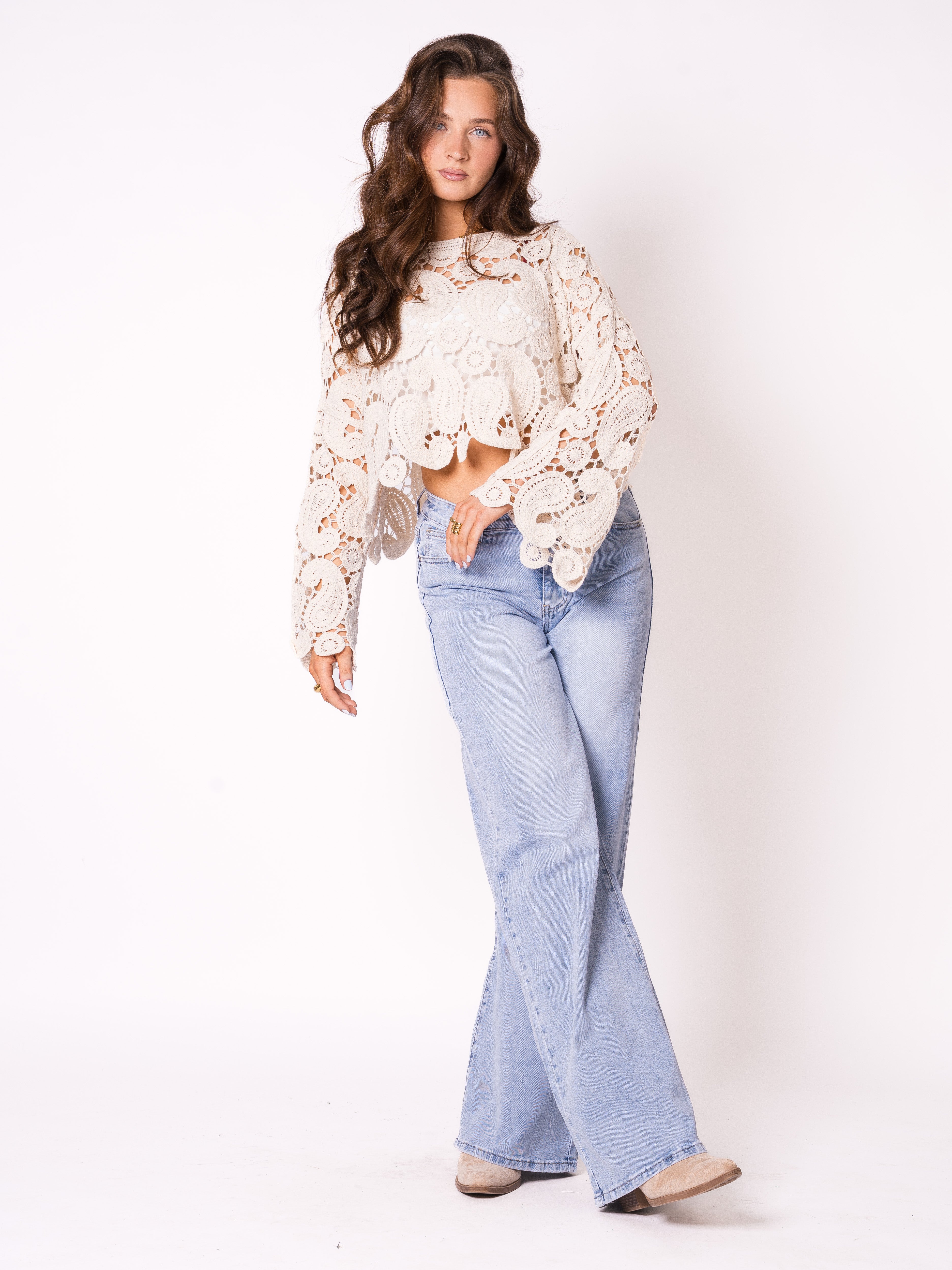 Boho Pearly Beach Häkelpullover - Creme