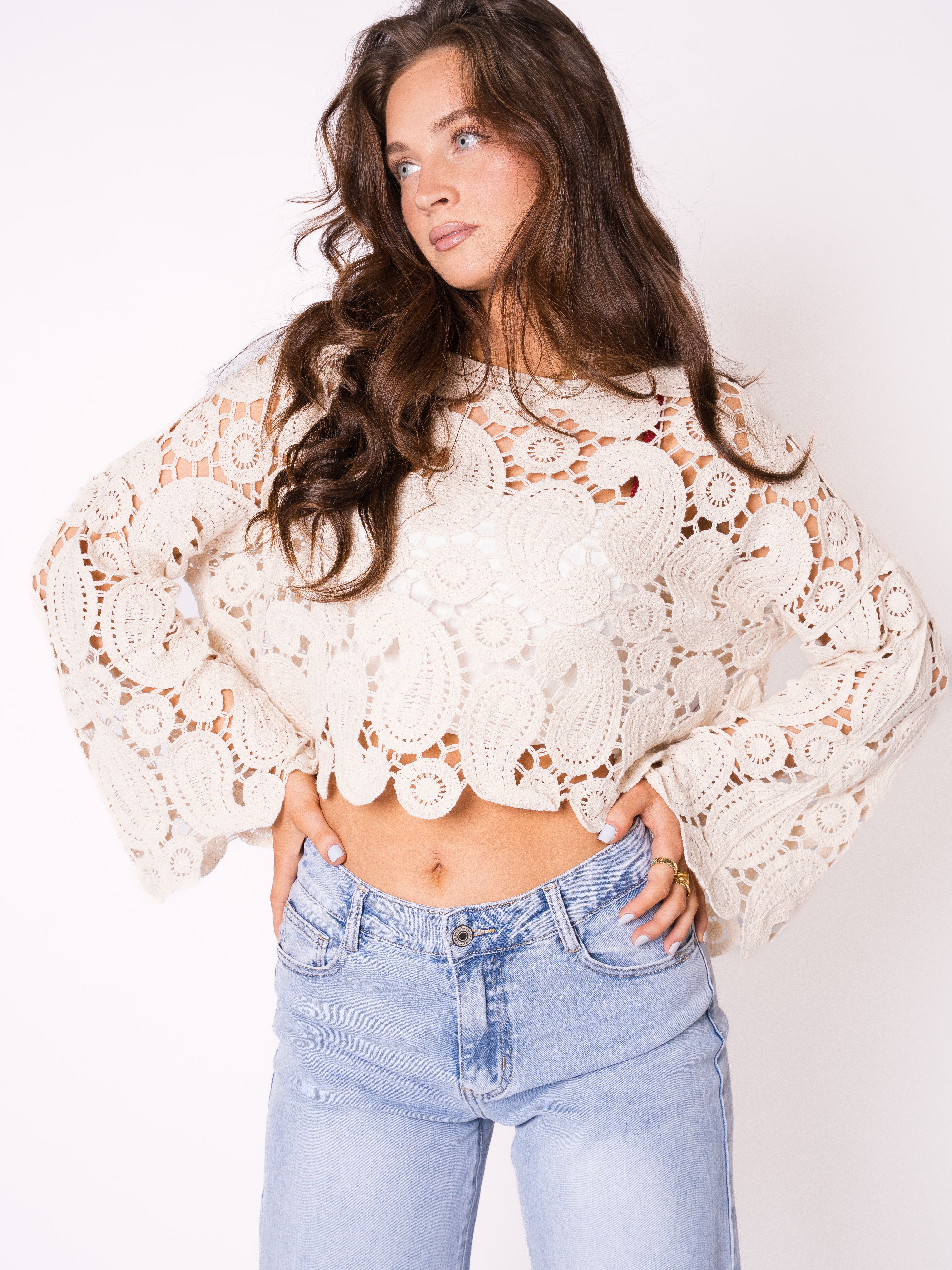 Boho Pearly Beach Häkelpullover - Creme