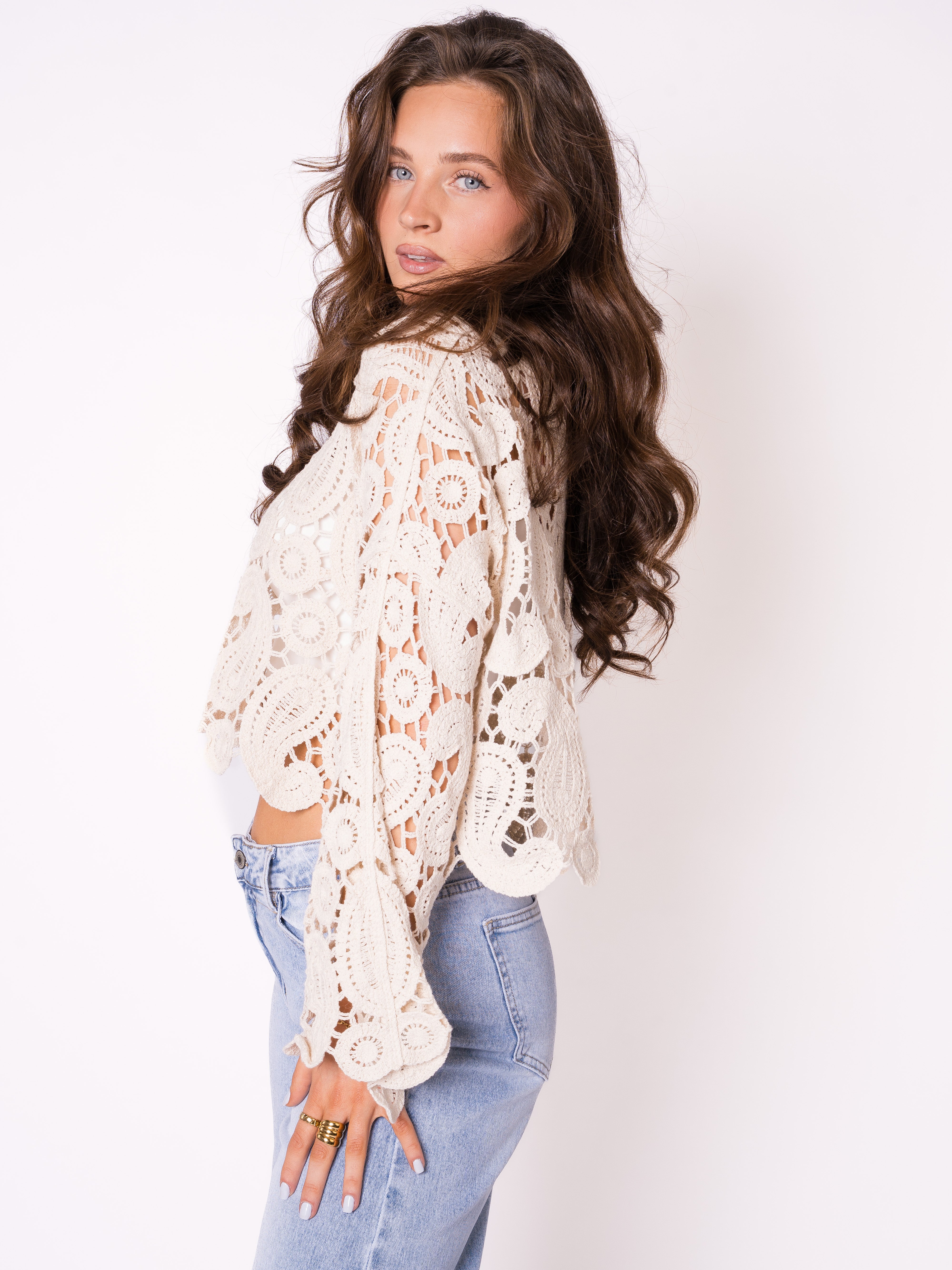 Boho Pearly Beach Häkelpullover - Creme