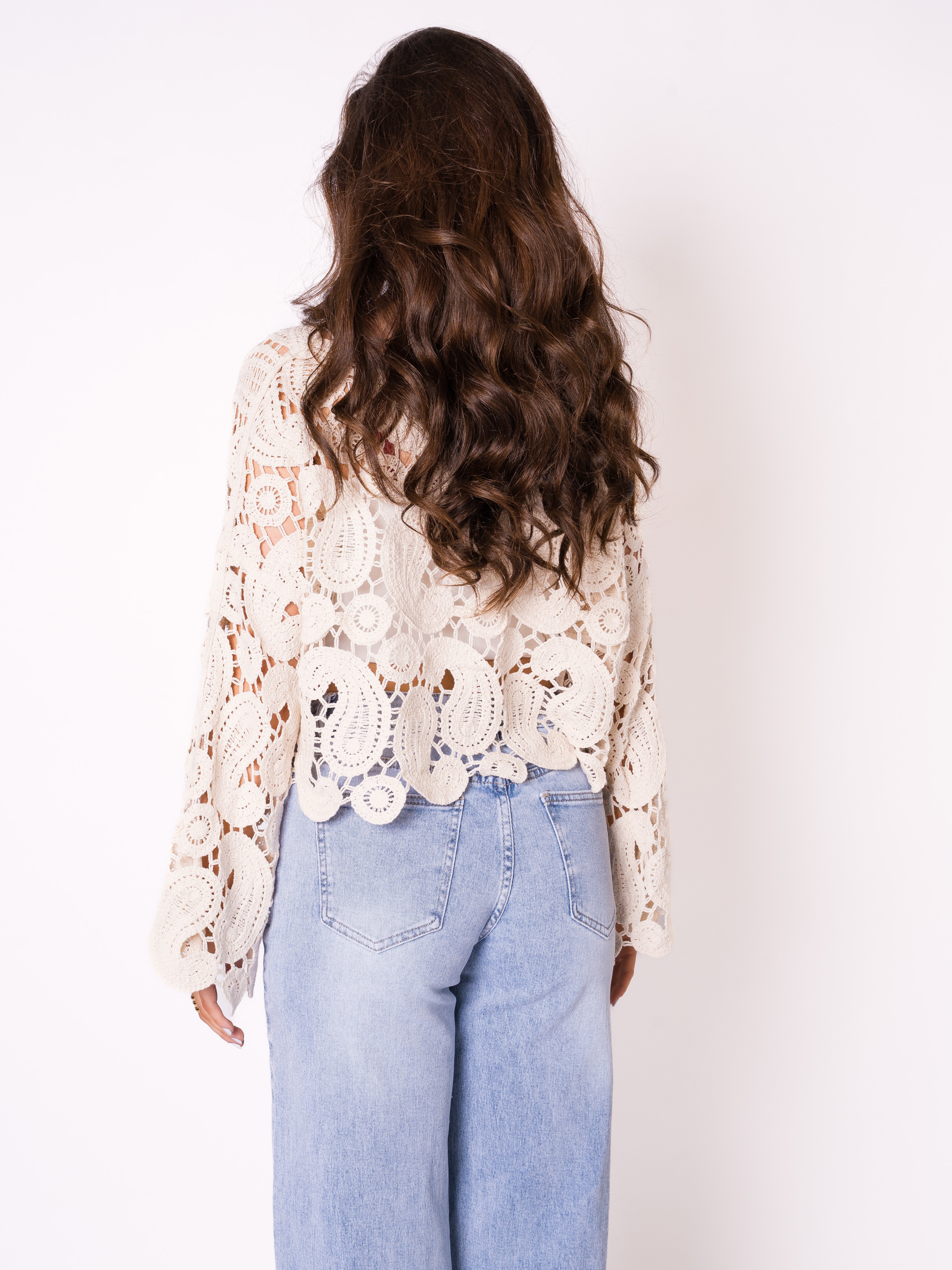 Boho Pearly Beach Häkelpullover - Creme