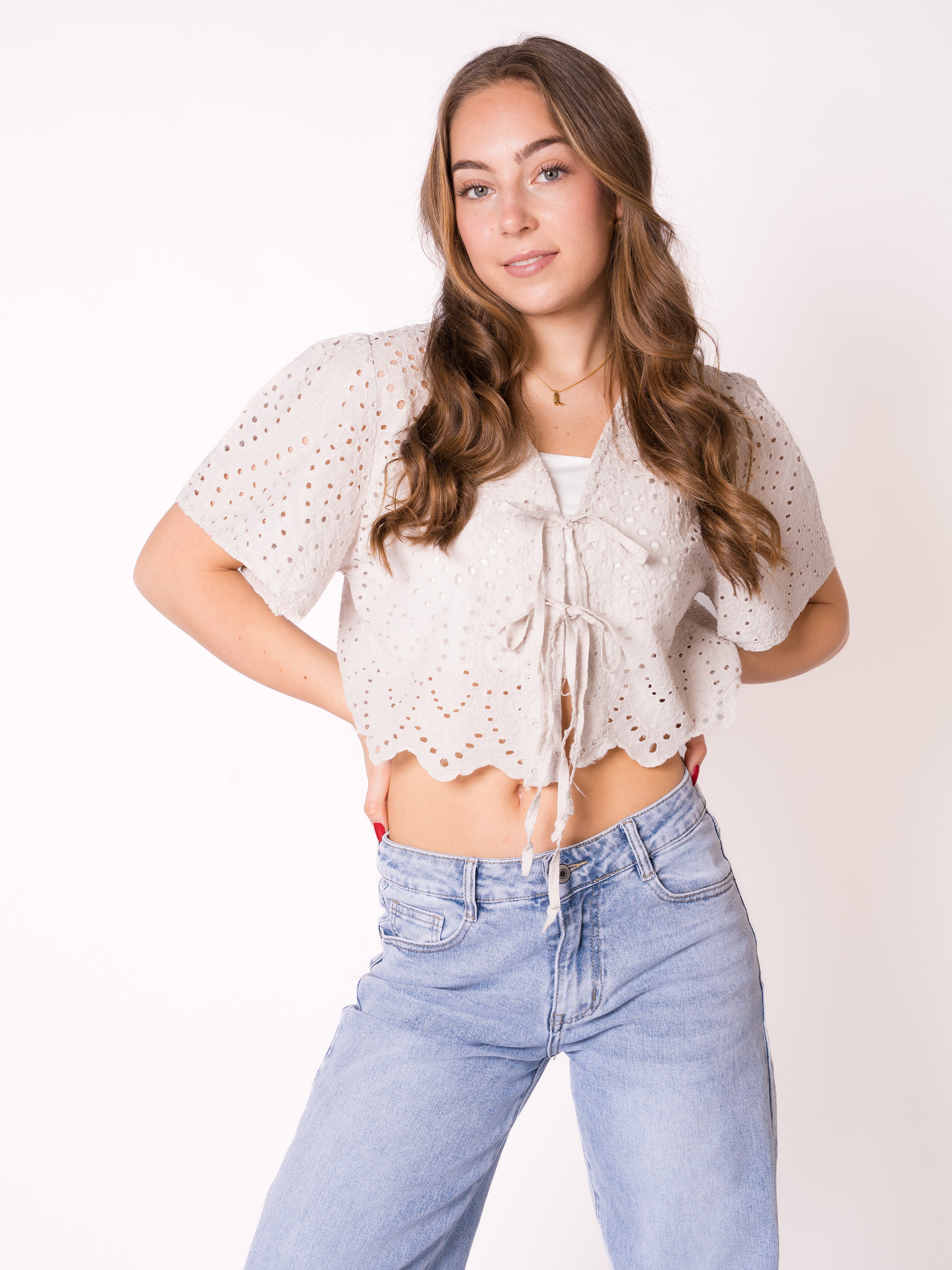 Boho Baumwoll Stick Bluse - Beige