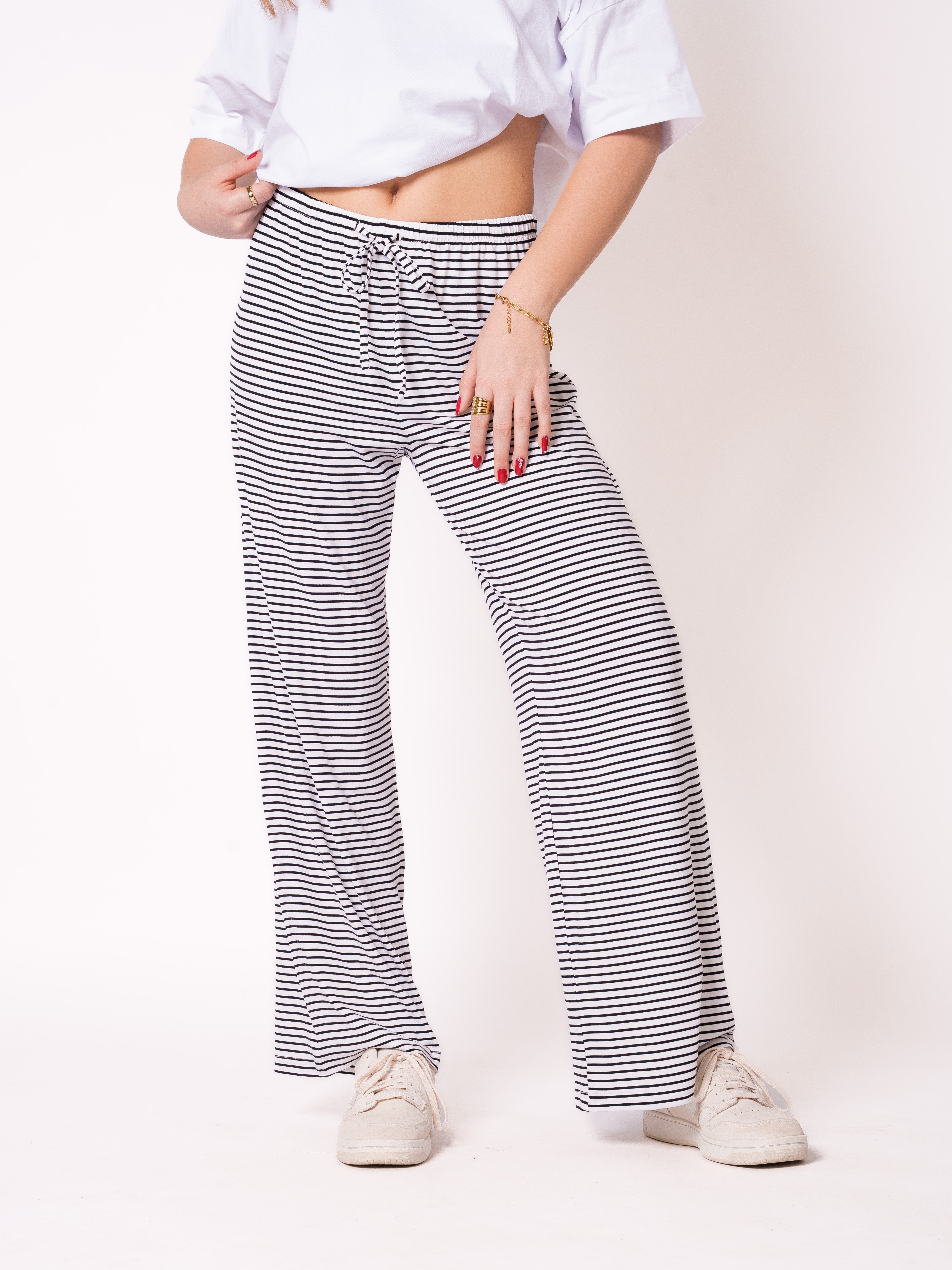 Softtouch Stripe Stoffhose - Schwarz mit Weiß