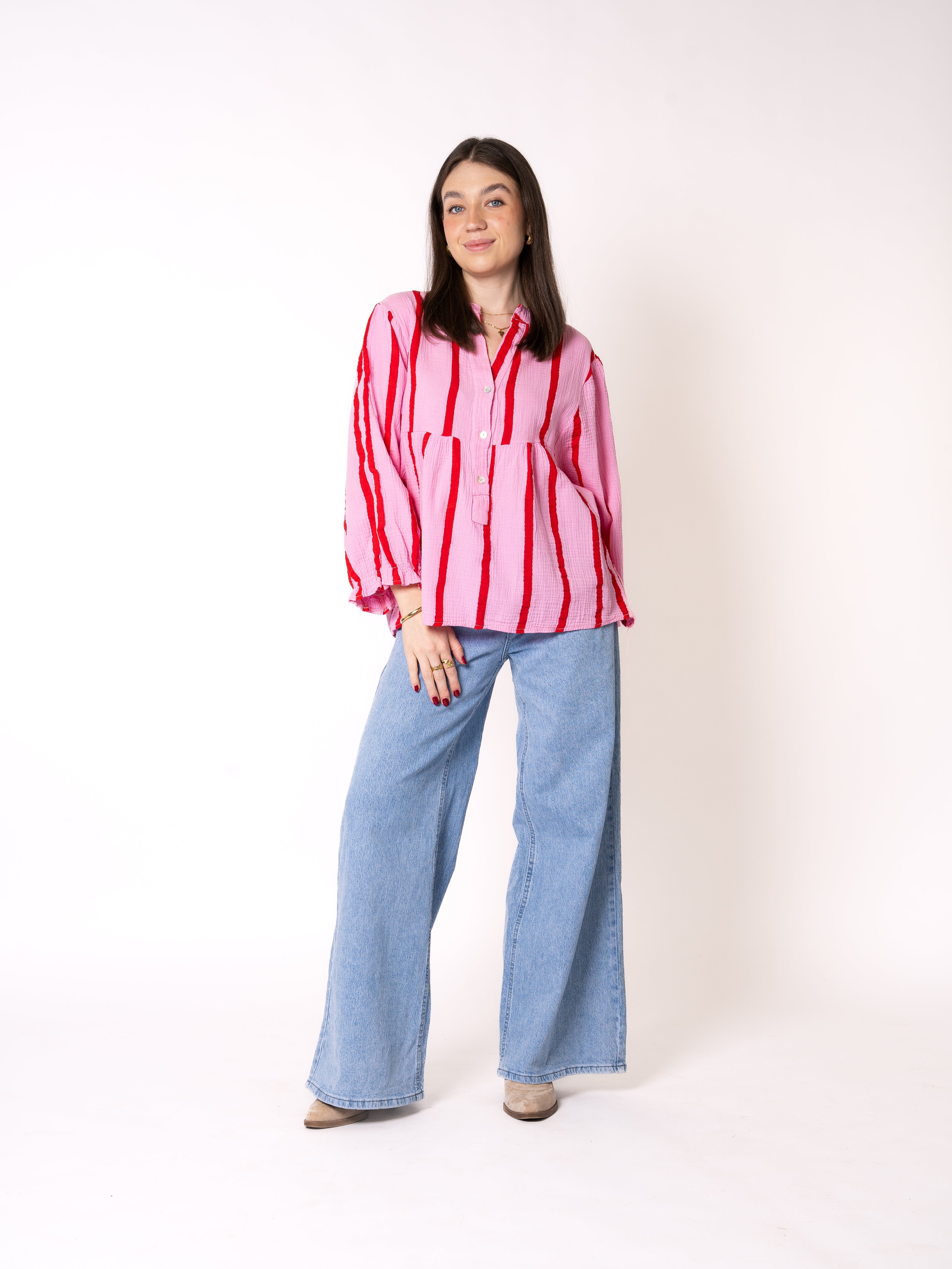 Musselinbluse Luna Wide Stripes - Rosa mit Rot
