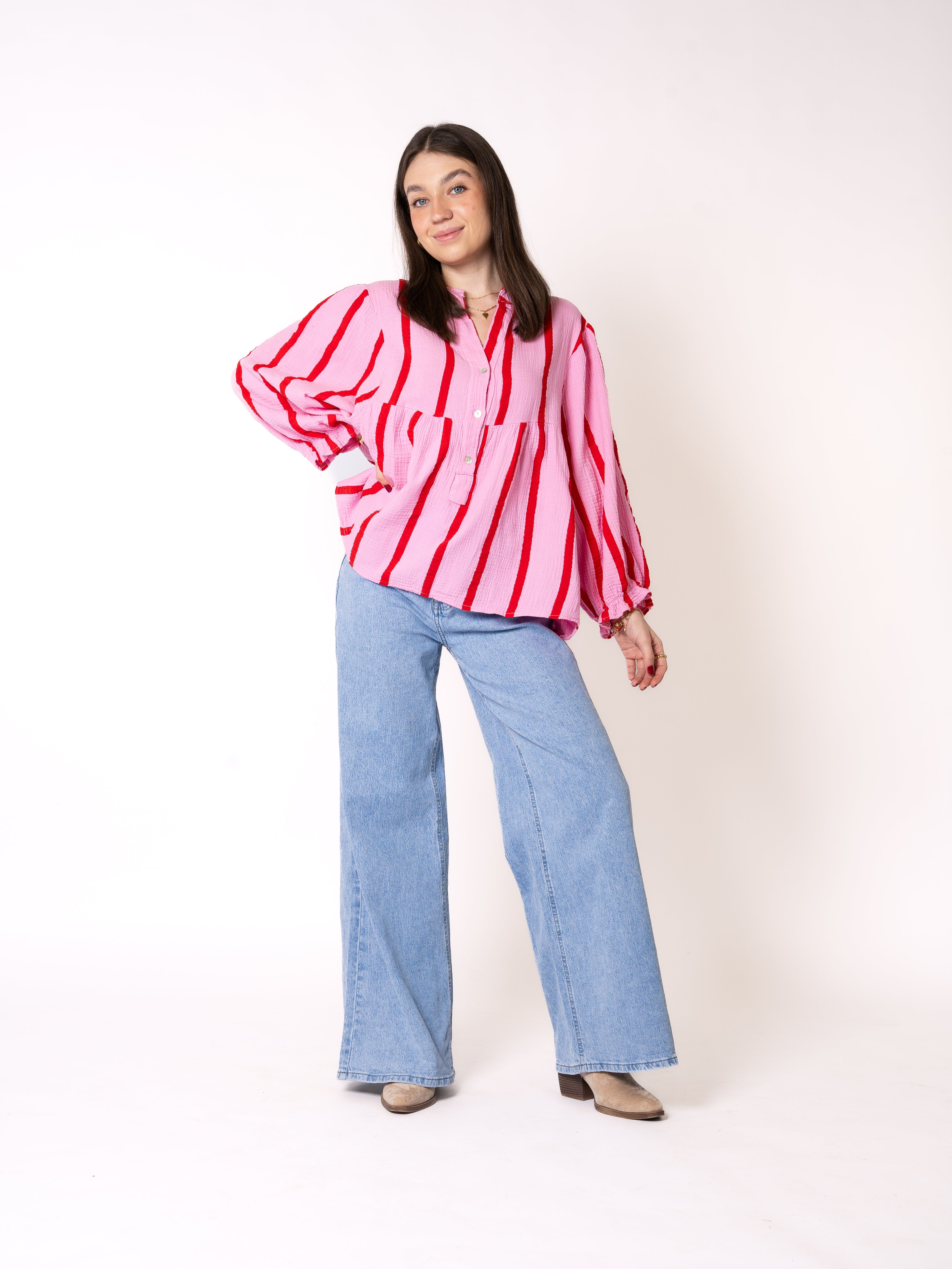 Musselinbluse Luna Wide Stripes - Rosa mit Rot