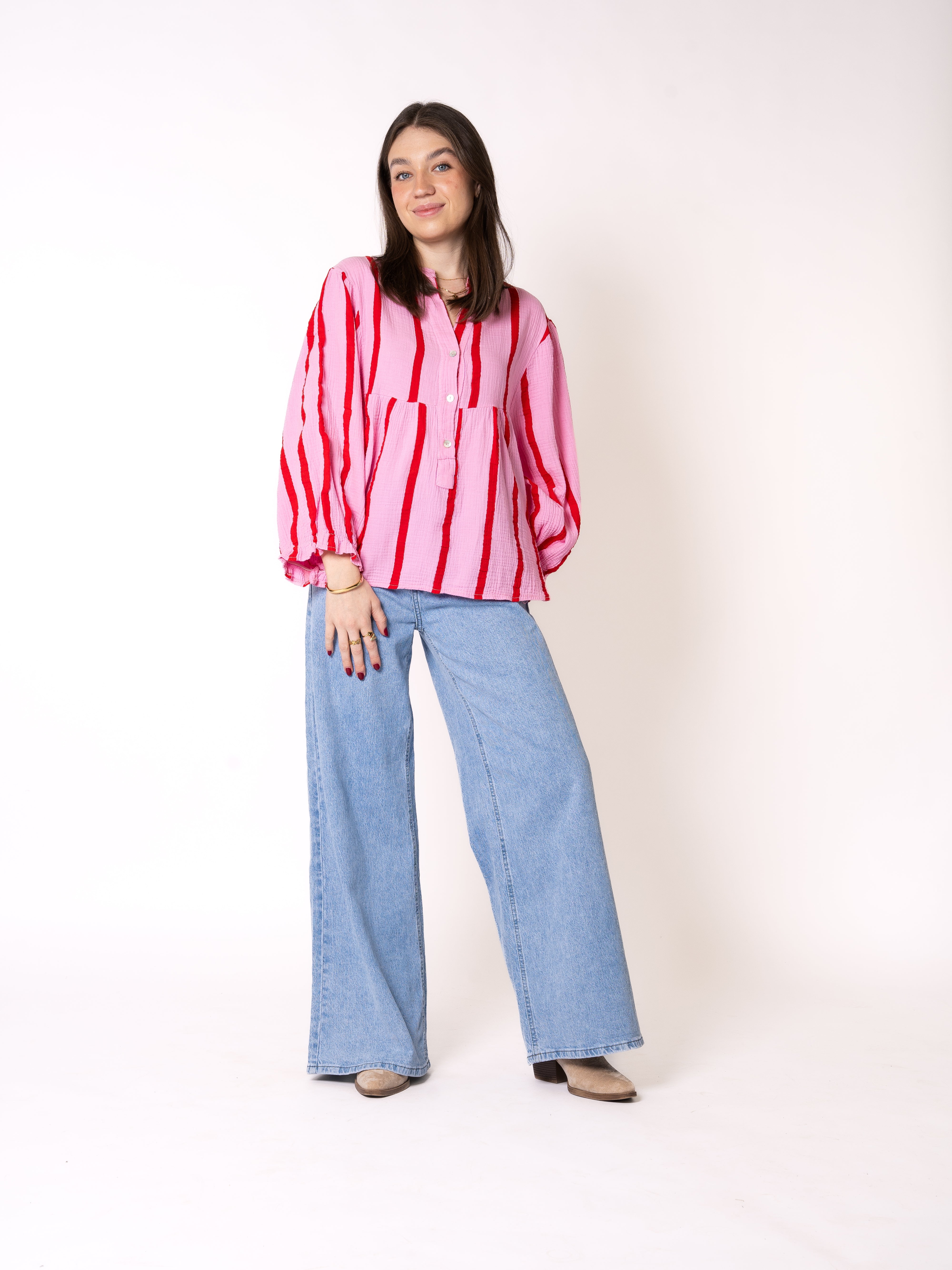 Musselinbluse Luna Wide Stripes - Rosa mit Rot