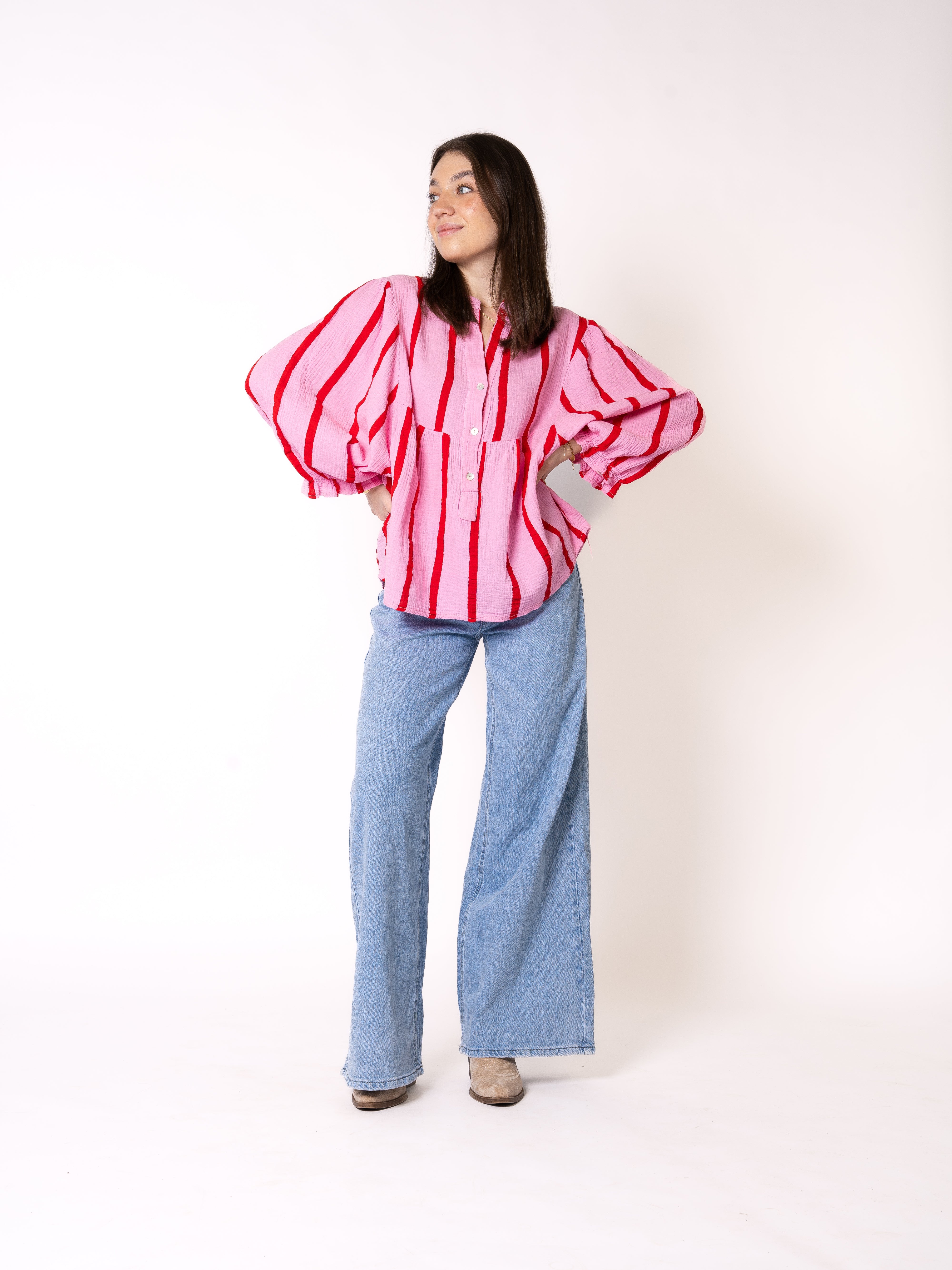 Musselinbluse Luna Wide Stripes - Rosa mit Rot