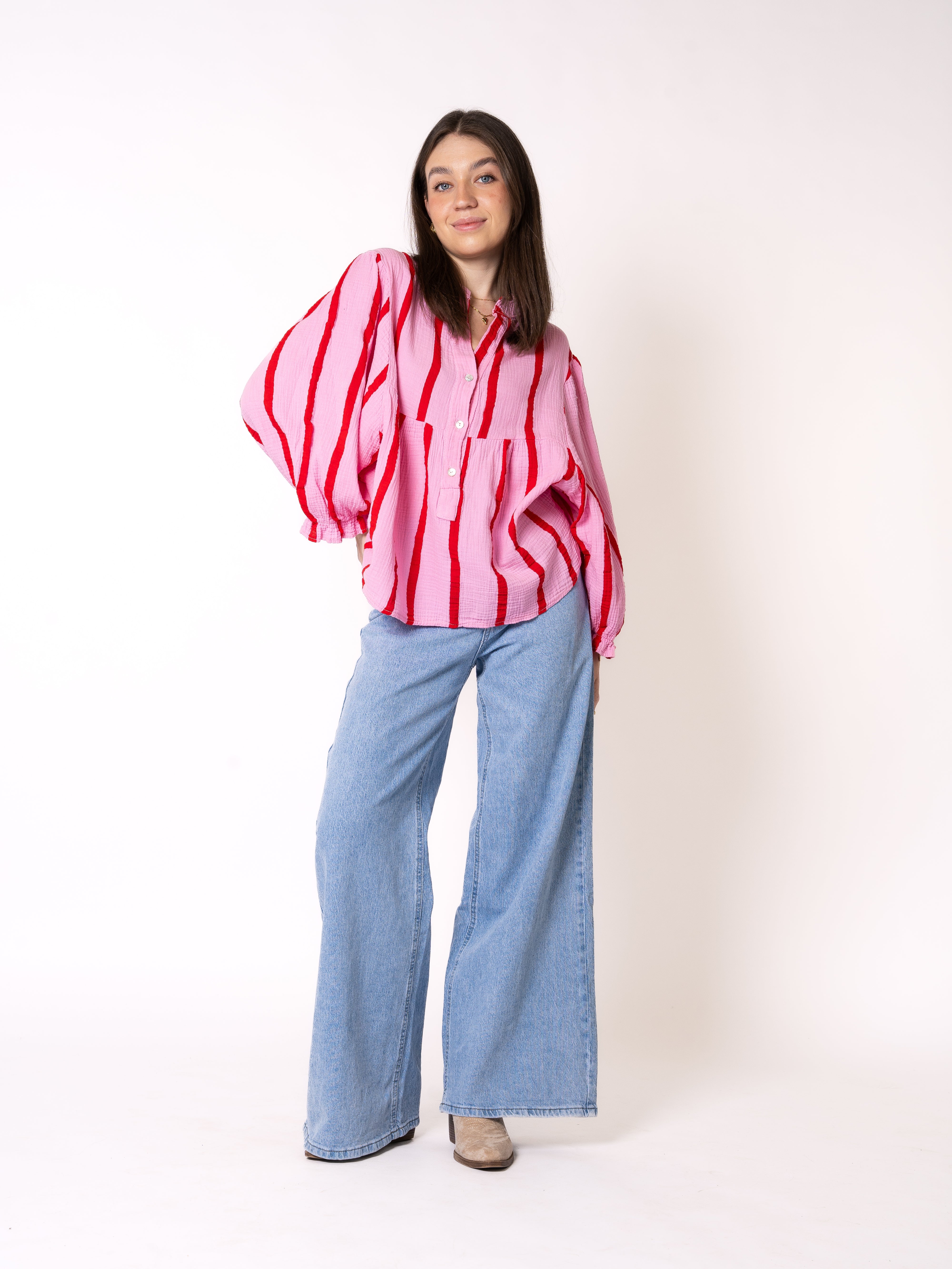 Musselinbluse Luna Wide Stripes - Rosa mit Rot