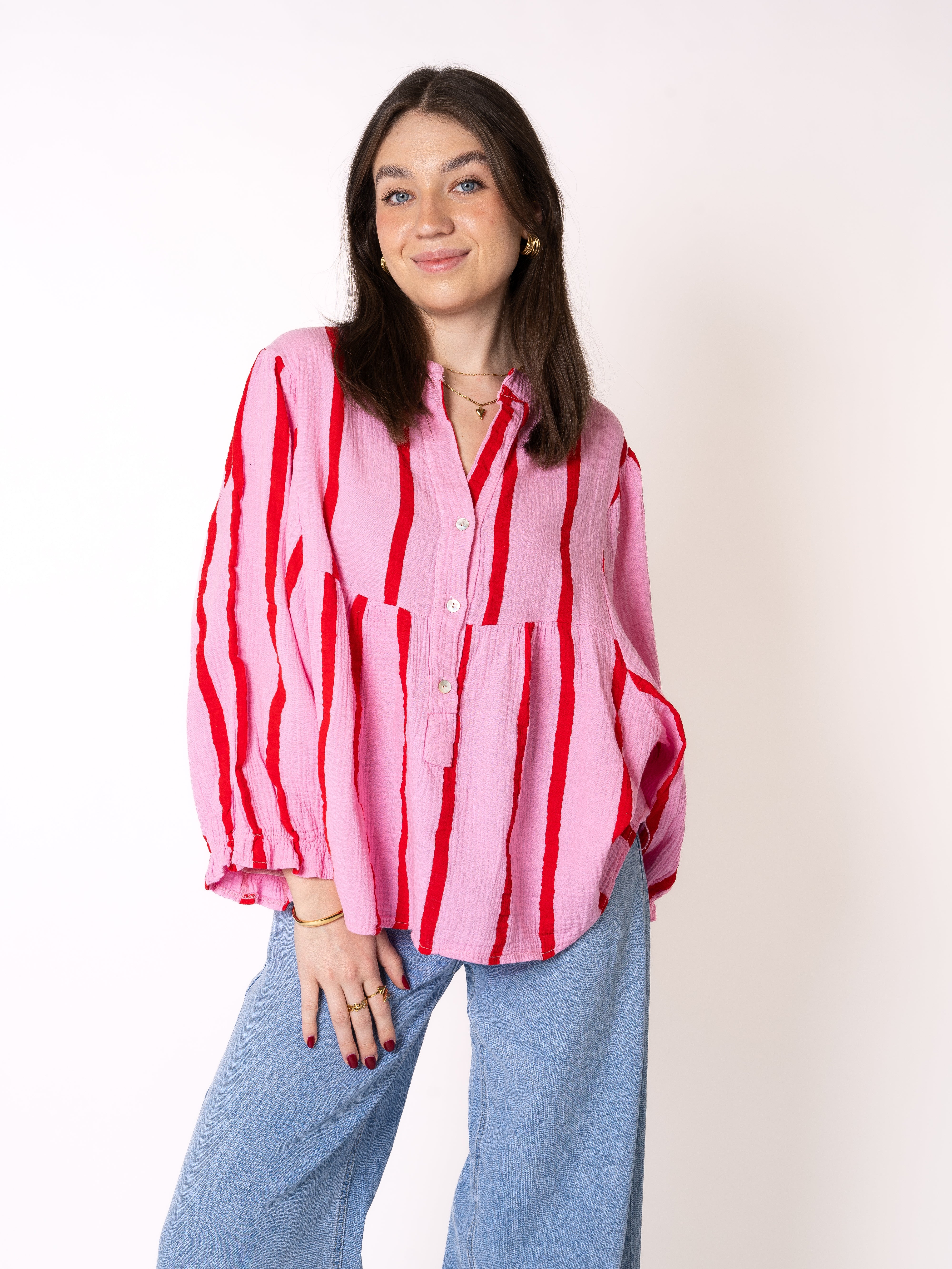 Musselinbluse Luna Wide Stripes - Rosa mit Rot