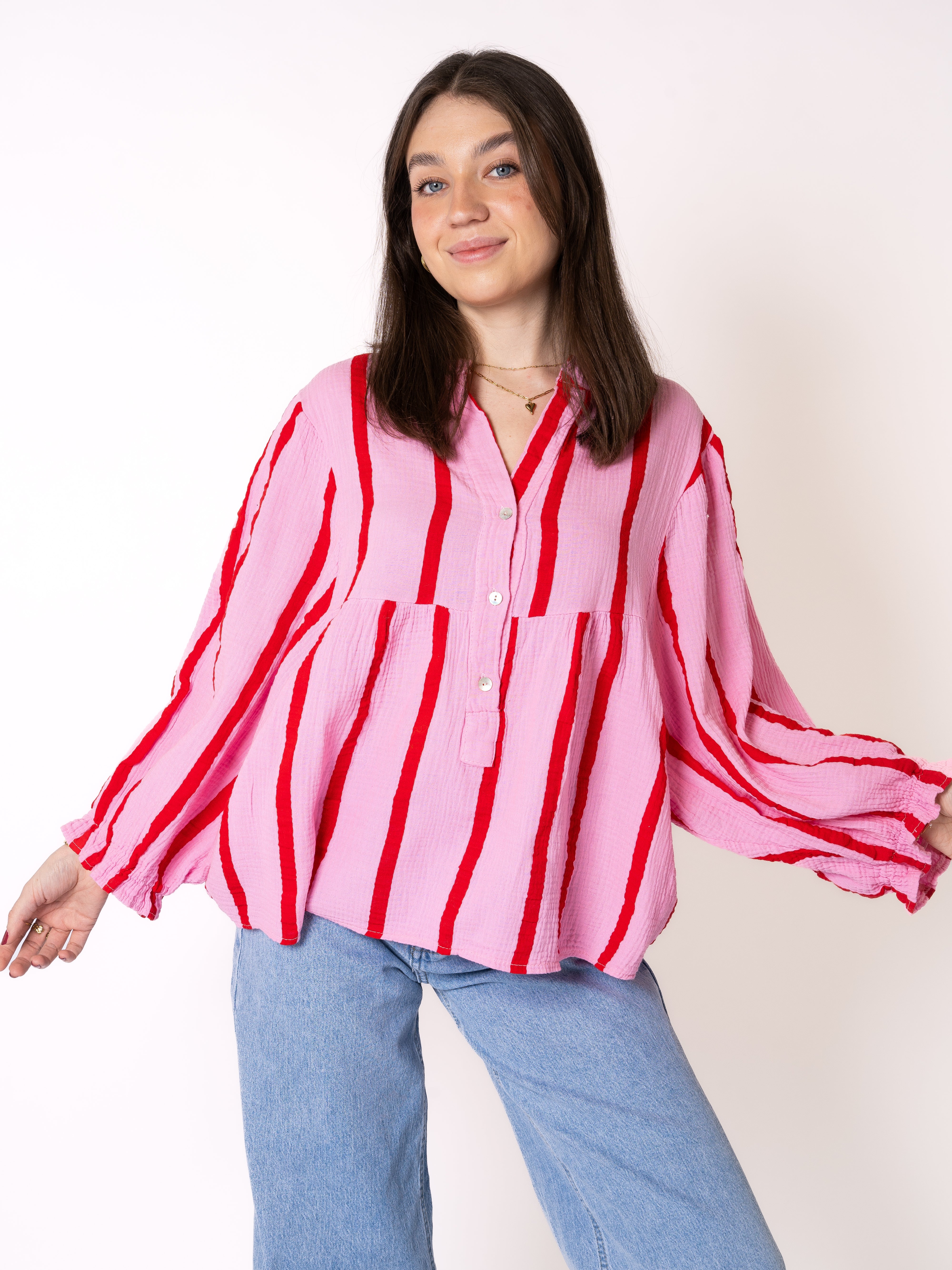 Musselinbluse Luna Wide Stripes - Rosa mit Rot
