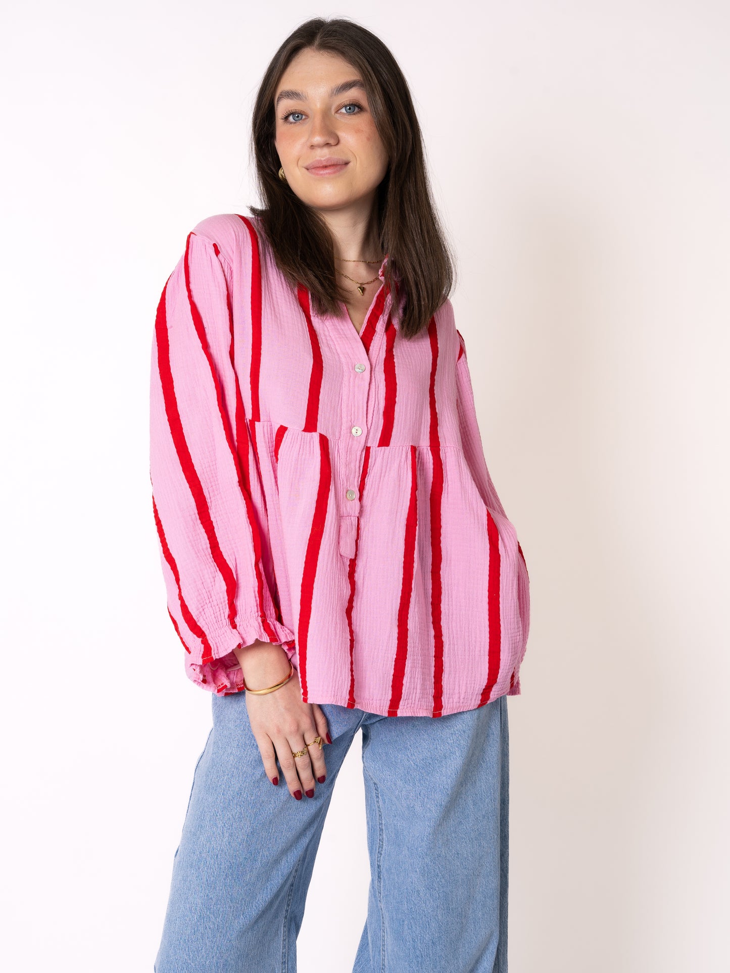 Musselinbluse Luna Wide Stripes - Rosa mit Rot