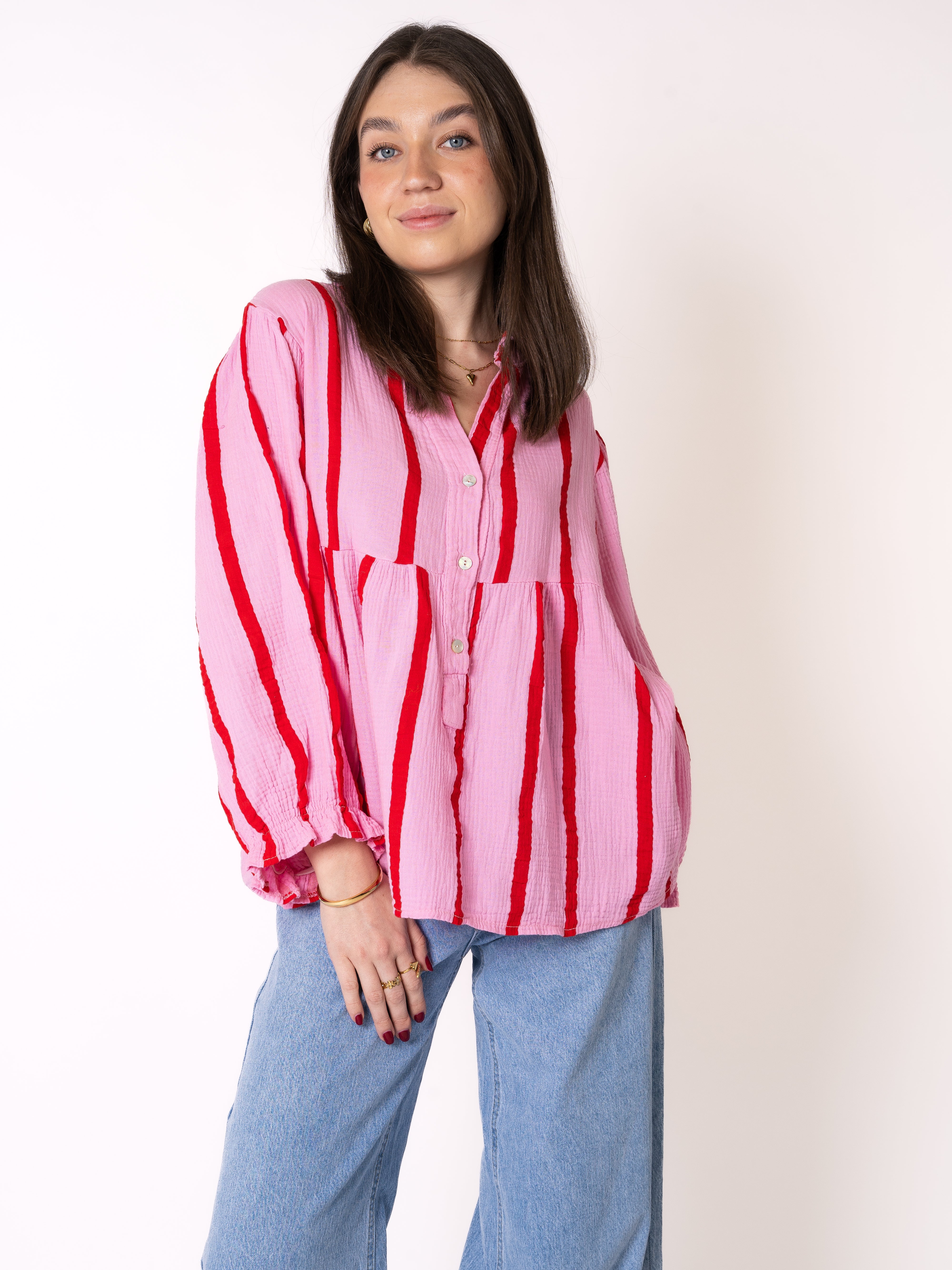 Musselinbluse Luna Wide Stripes - Rosa mit Rot
